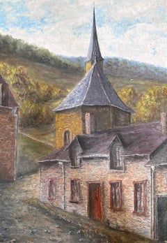Church's and Village Vicarage Cottage In Green Fields Öl-Landschaftsgemälde