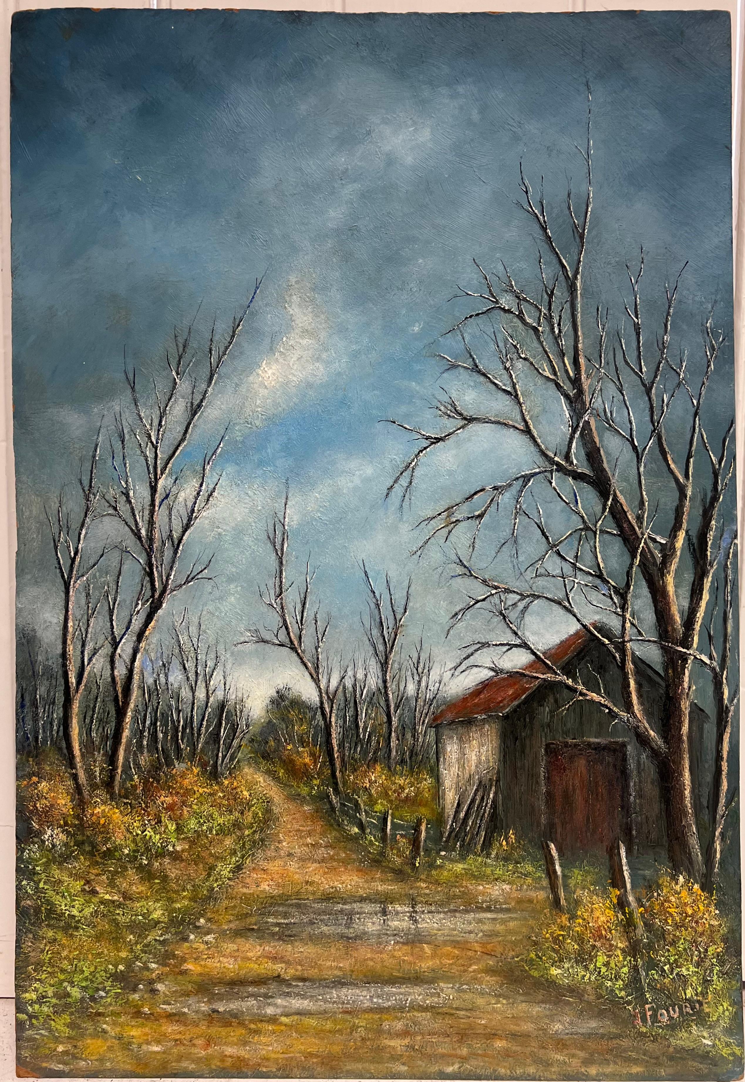Landstraße mit kahlen Bäumen und Winterscheune Landschaft Ölgemälde – Painting von Jean Fourie