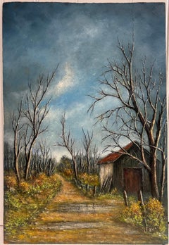 Country Road with Bare Trees and Winter Barn Landscape Oil Painting