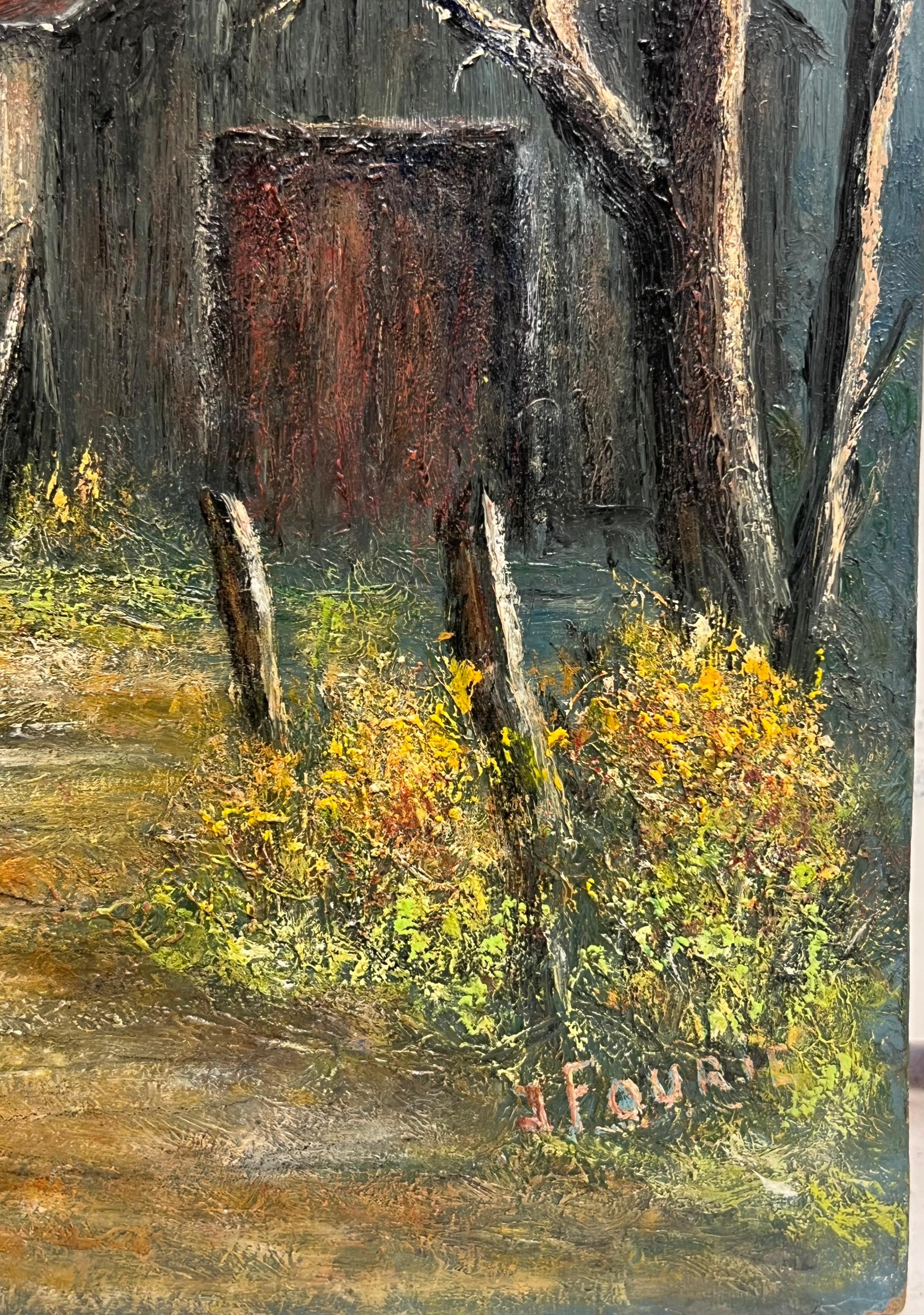 Landstraße mit kahlen Bäumen und Winterscheune Landschaft Ölgemälde (Französische Schule), Painting, von Jean Fourie