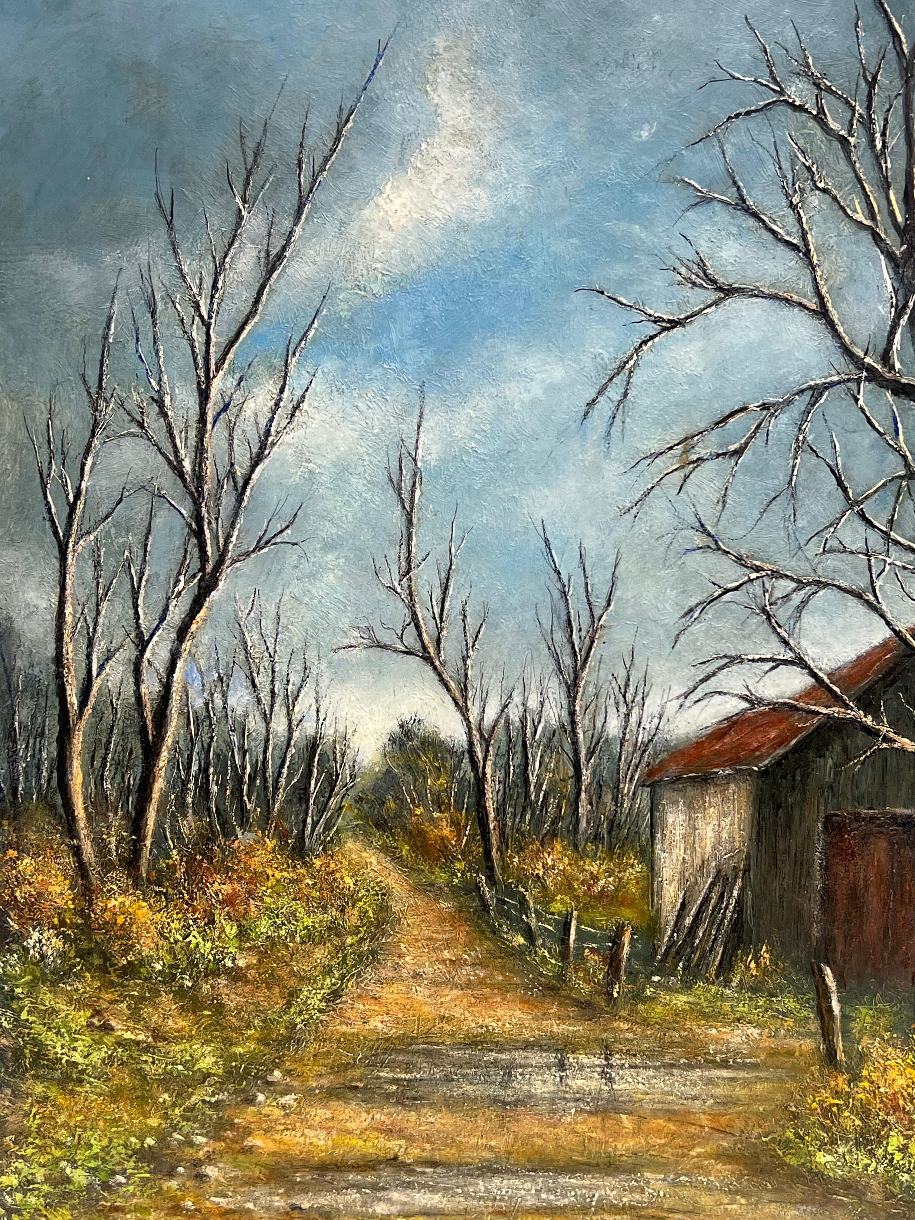 Landstraße mit kahlen Bäumen und Winterscheune Landschaft Ölgemälde (Grau), Landscape Painting, von Jean Fourie
