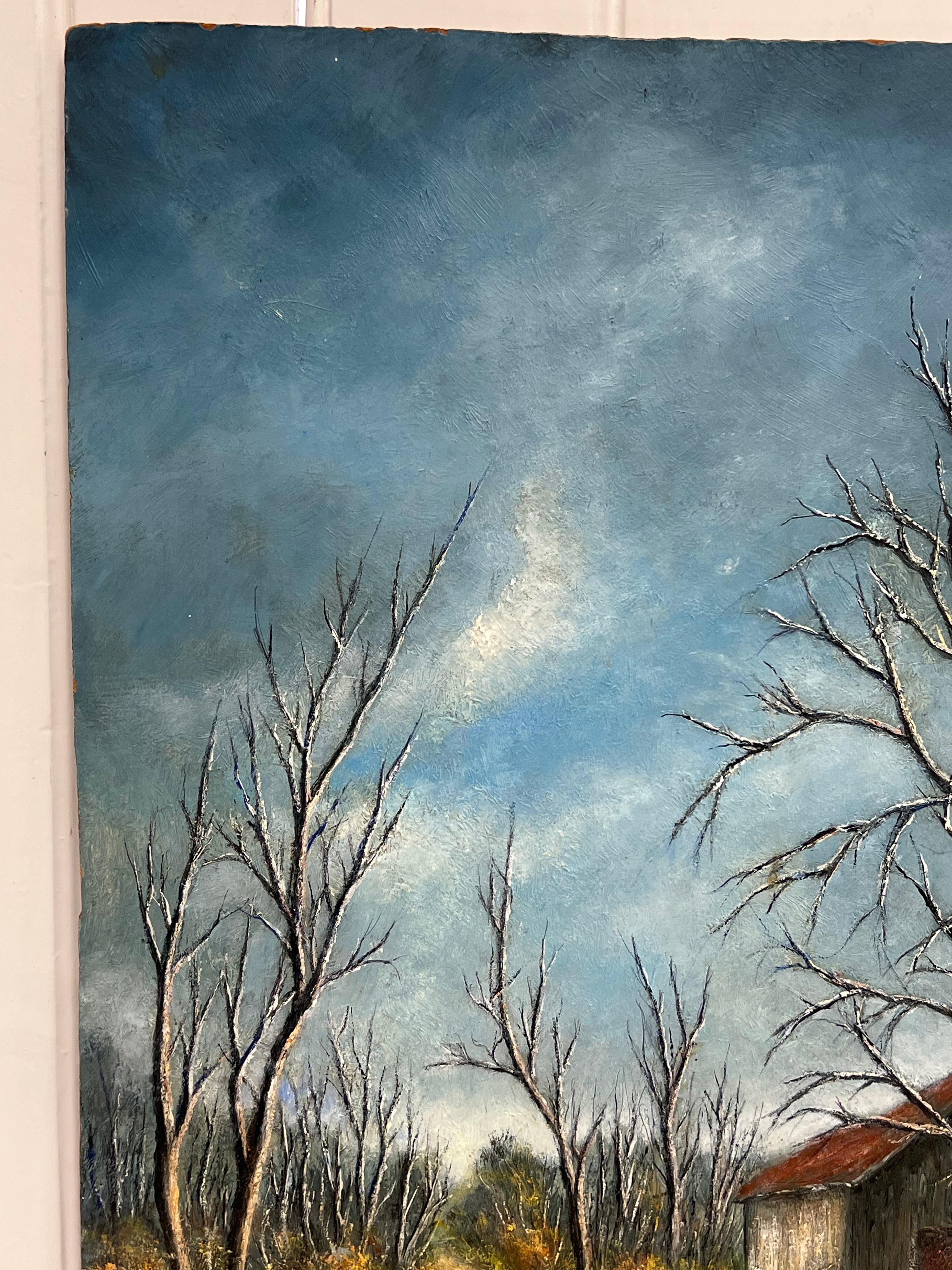 Land Winter Road
unterzeichnet von Jean Fourie (1927-2015)
Französischer Künstler, der in der Champagne malt
Ölgemälde auf Karton, ungerahmt
Brett: 18 x 13 Zoll
Zustand: die vier Ecken des Kartons sind leicht angeknabbert, das Gemälde ist in einem