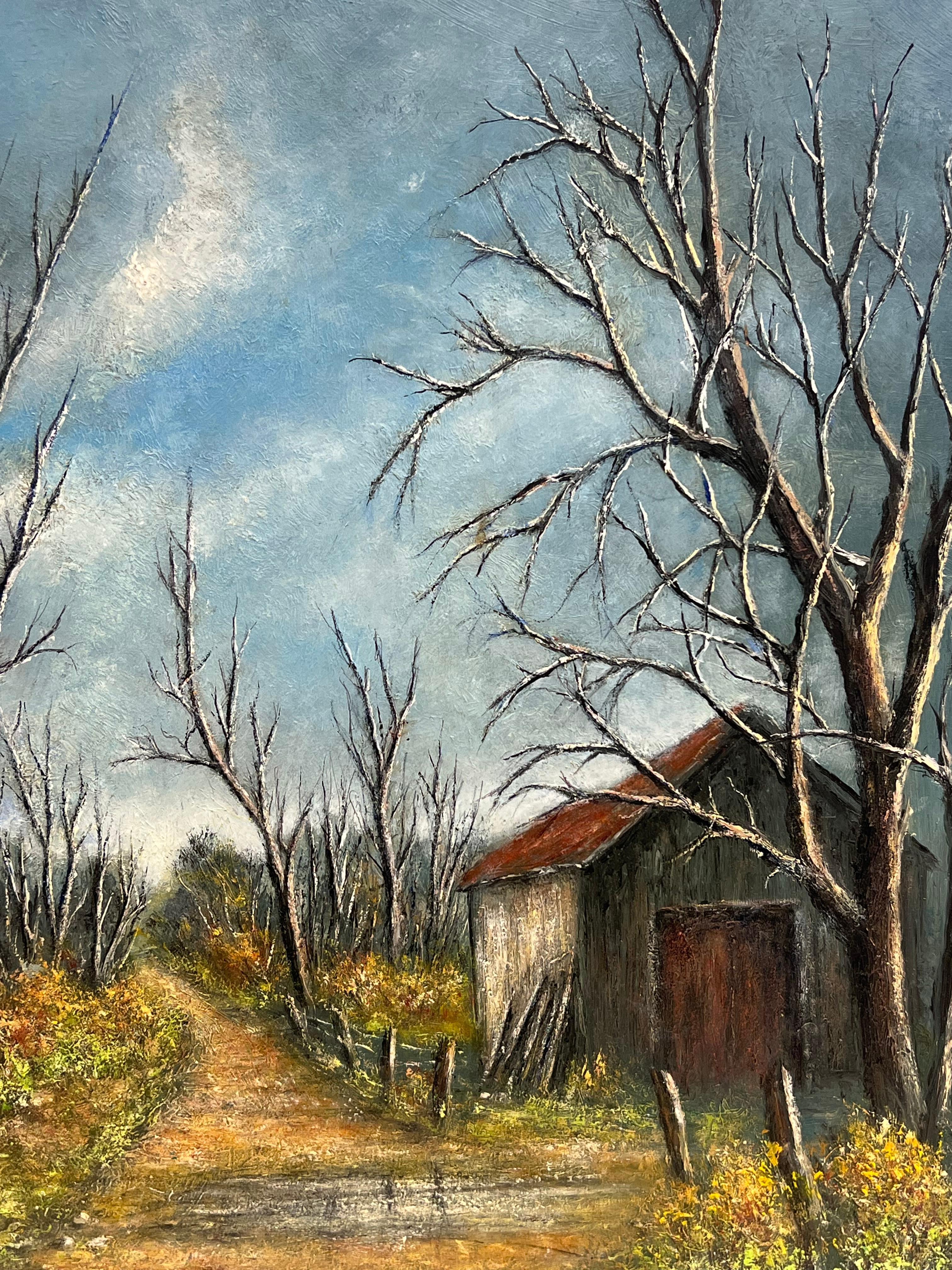 Landstraße mit kahlen Bäumen und Winterscheune Landschaft Ölgemälde im Angebot 1