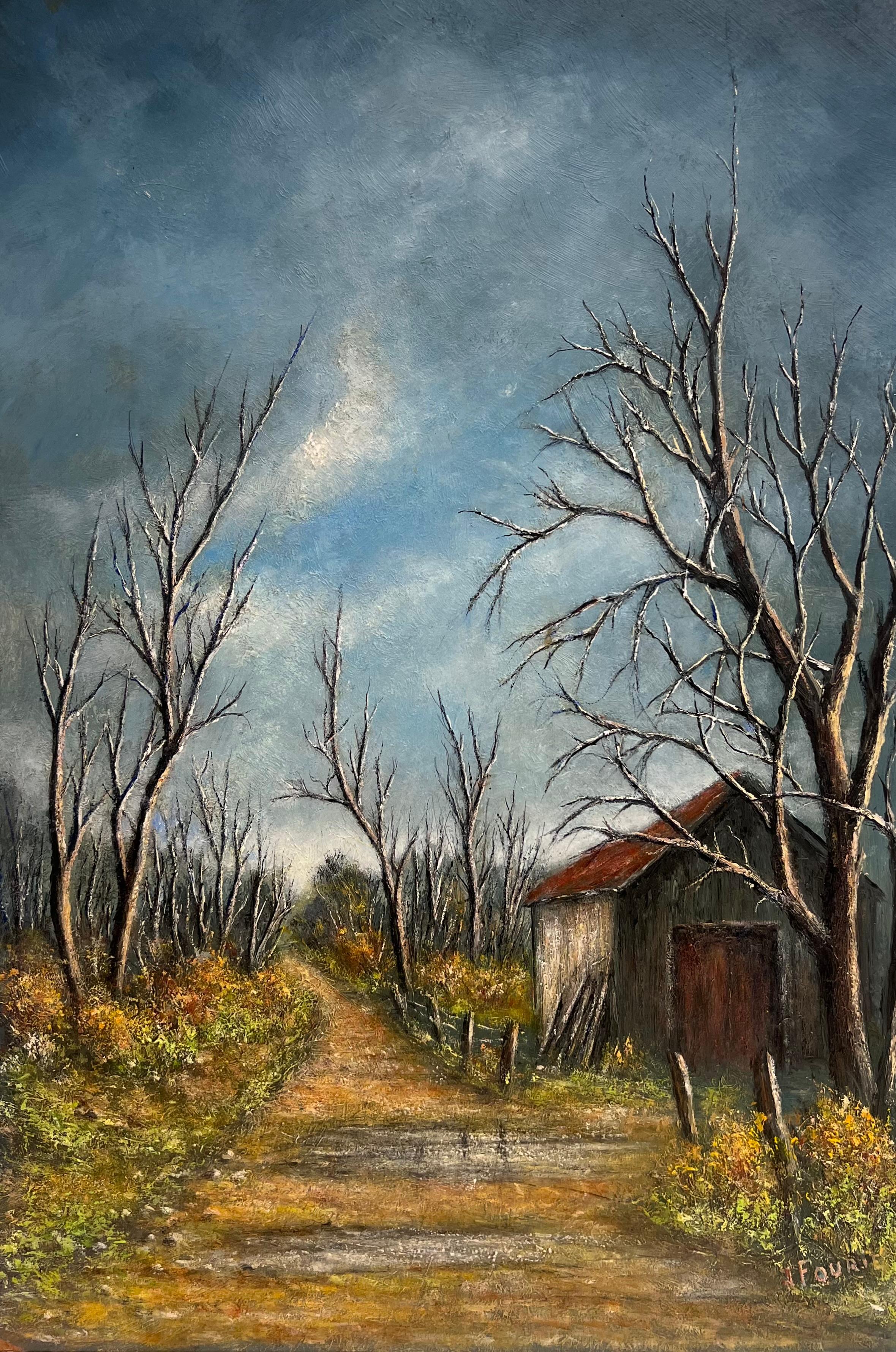 Landstraße mit kahlen Bäumen und Winterscheune Landschaft Ölgemälde im Angebot 2