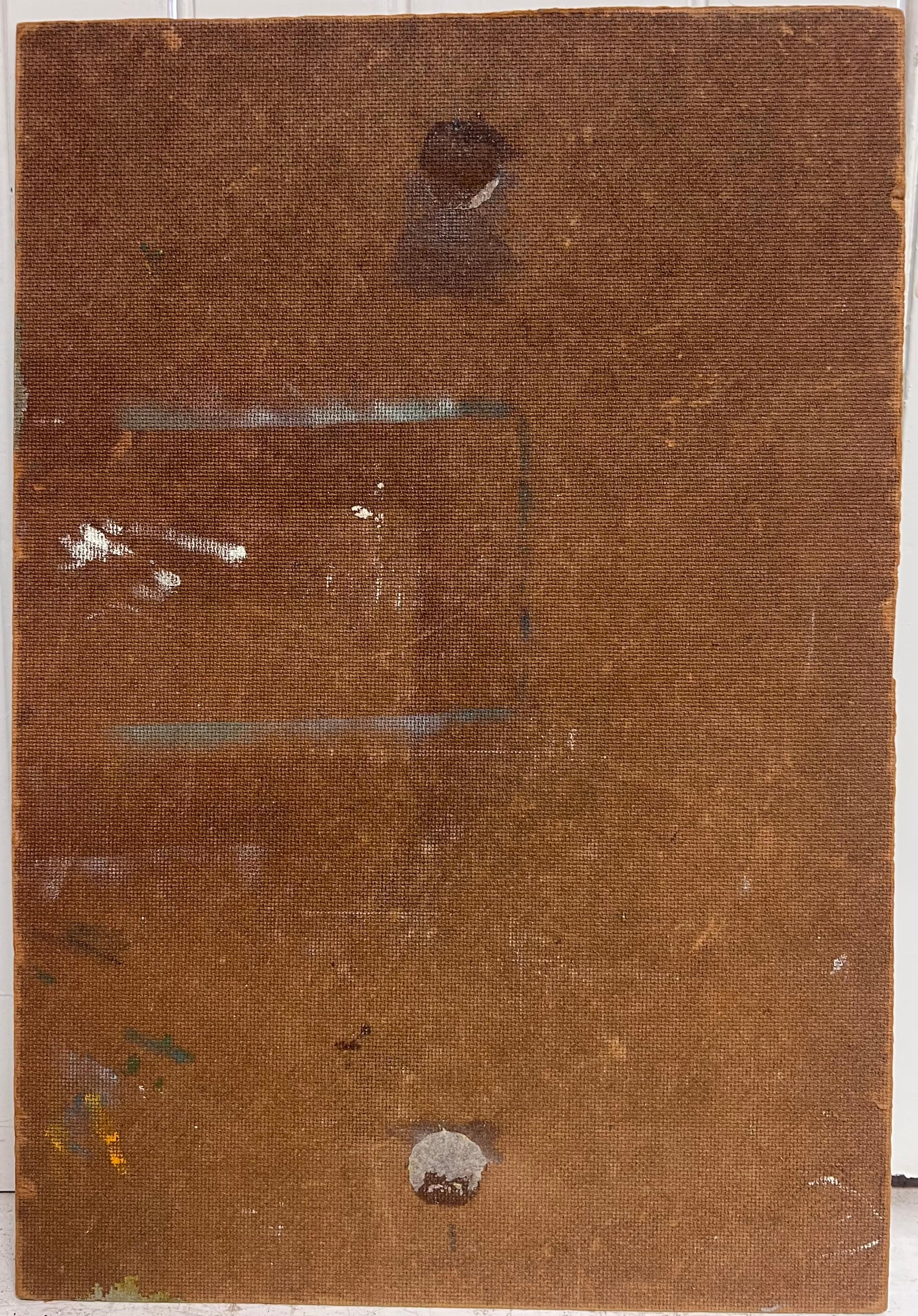 Landstraße mit kahlen Bäumen und Winterscheune Landschaft Ölgemälde im Angebot 3