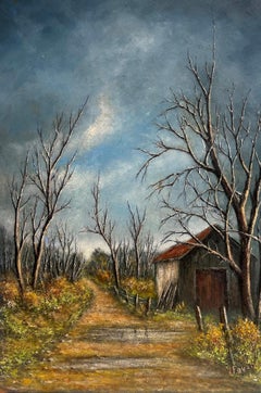 Route de campagne avec arbres dénudés et grange d'hiver Paysage Peinture à l'huile