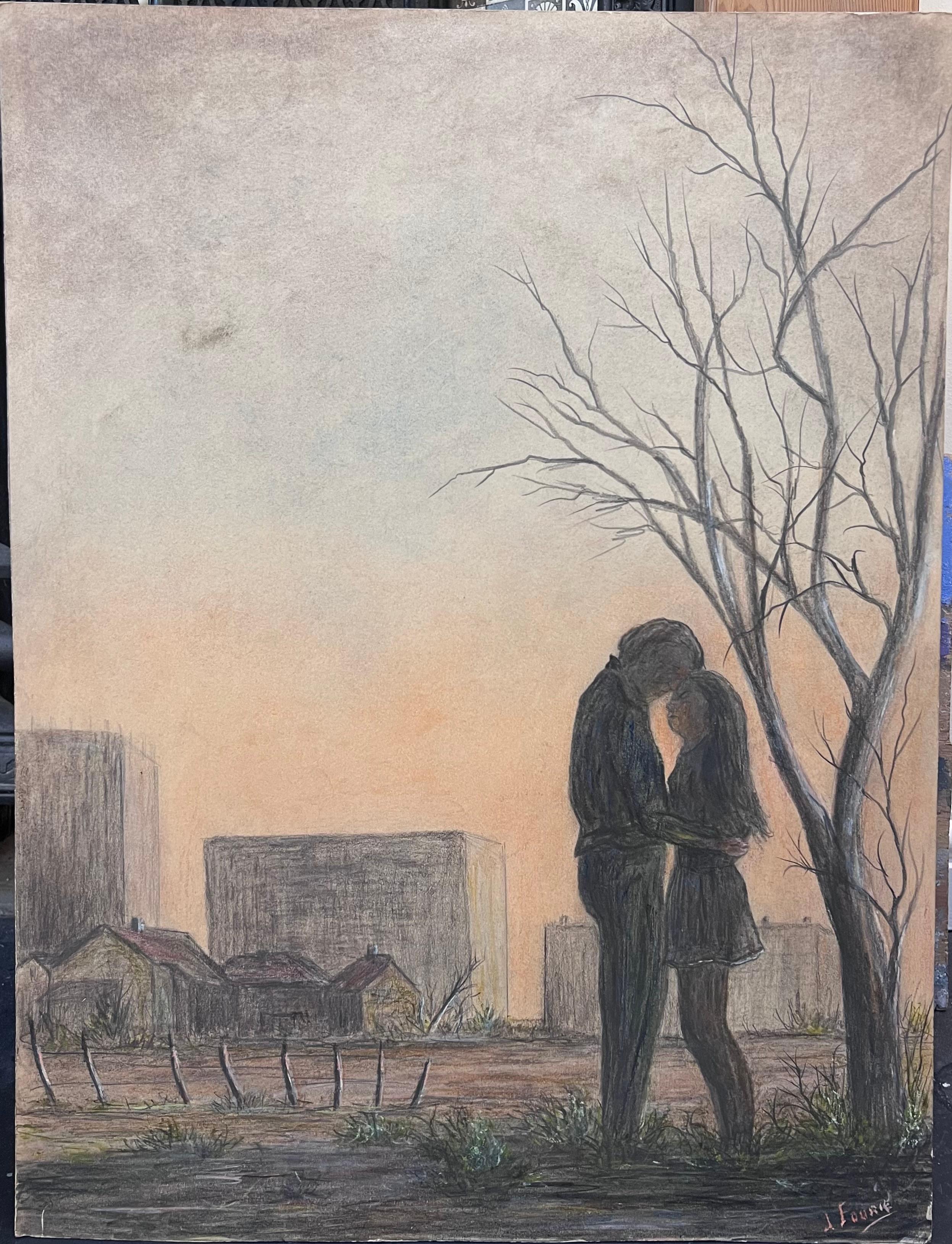 Couple In Intimate Moment In Winter Fields Landscape Painting For Sale 1