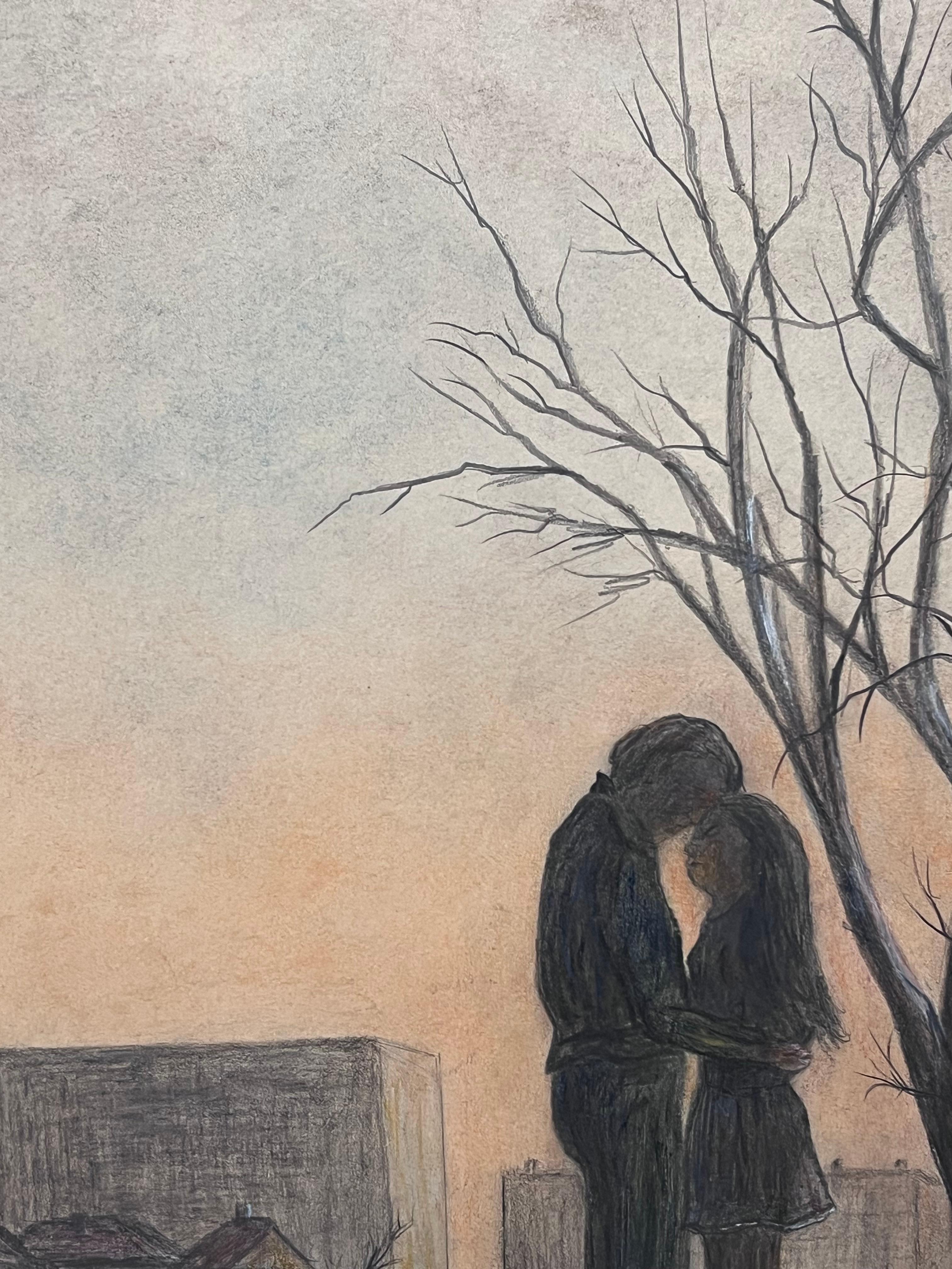 Couple In Intimate Moment In Winter Fields Landscape Painting For Sale 3