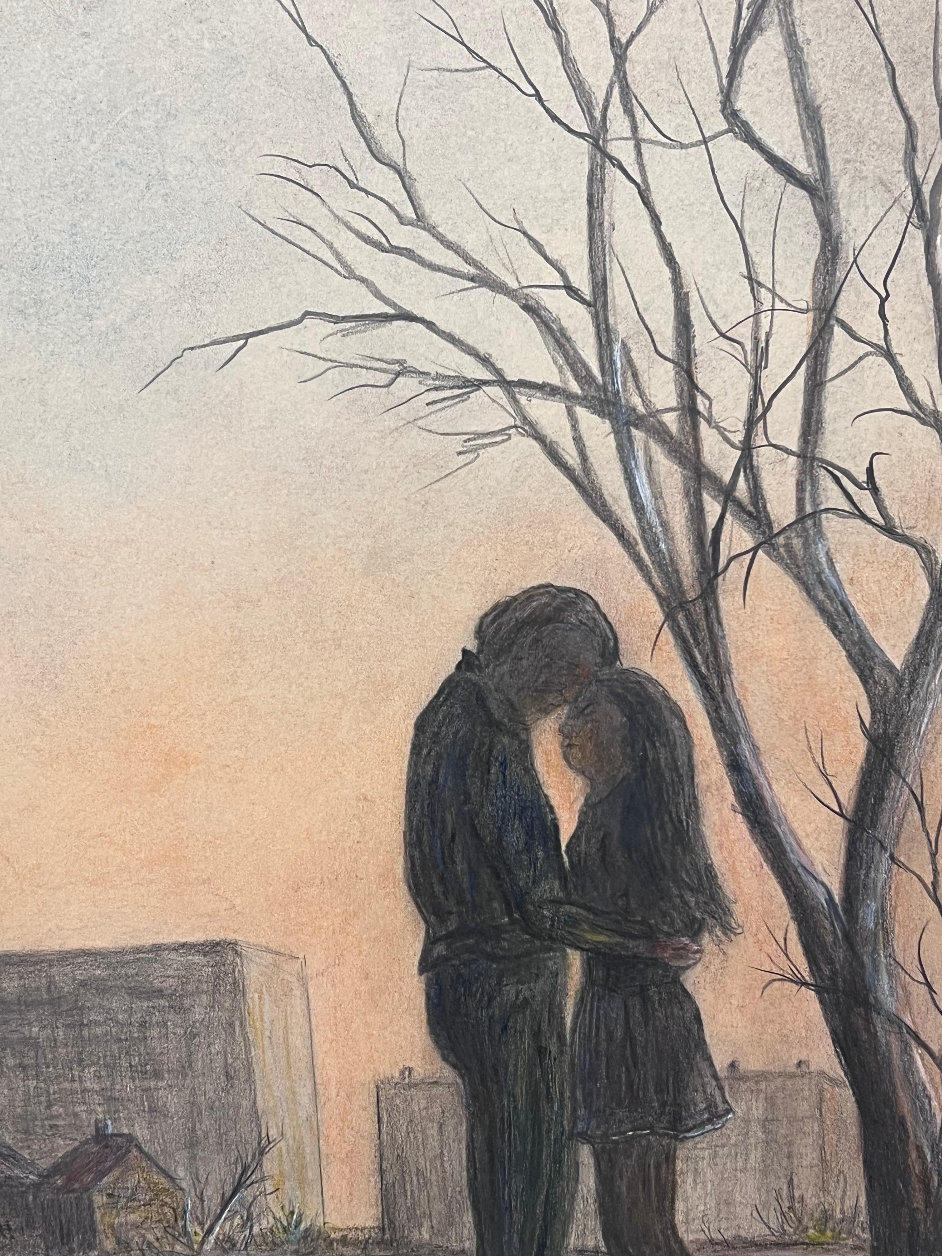 Couple In Intimate Moment In Winter Fields Landscape Painting For Sale 5