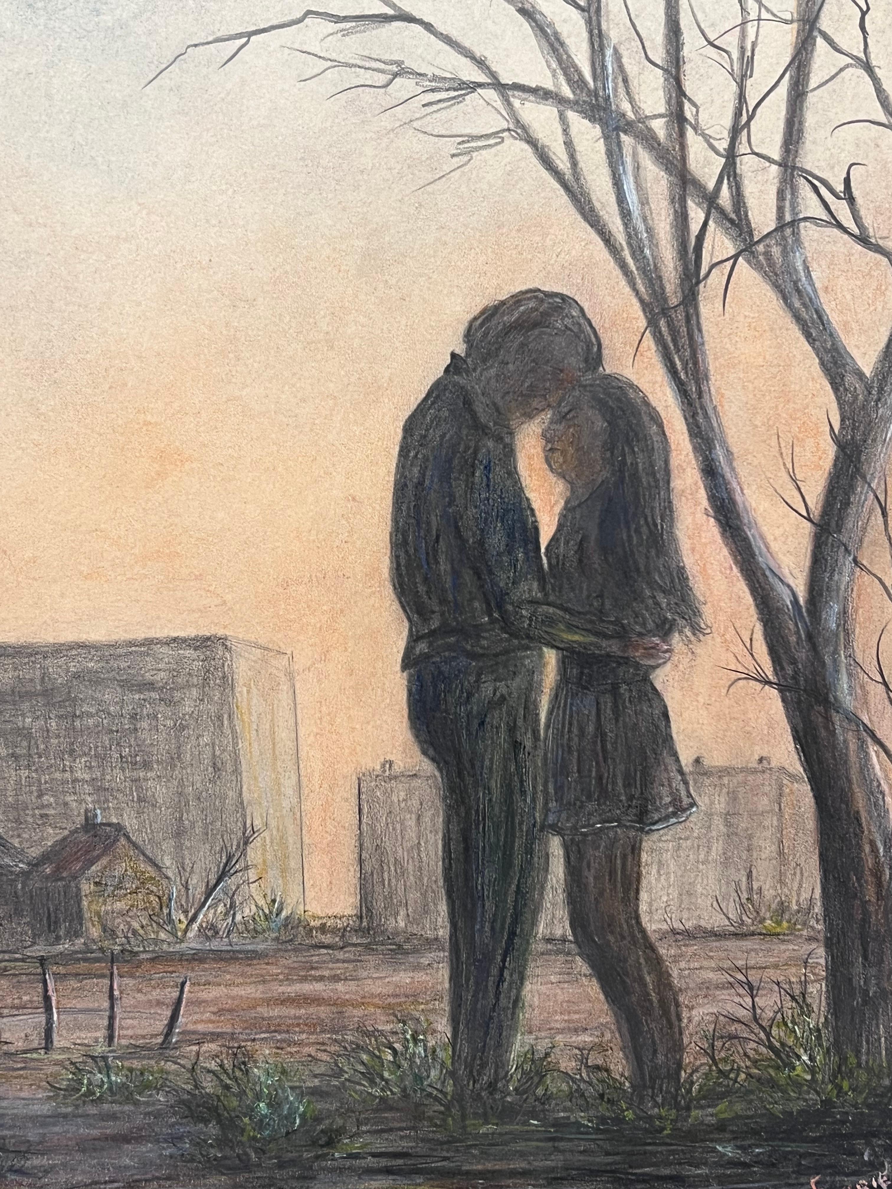 Couple In Intimate Moment In Winter Fields Landscape Painting For Sale 6