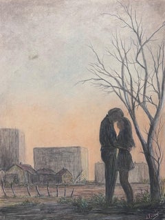 Couple In Intimate Moment In Winter Fields Landscape Painting