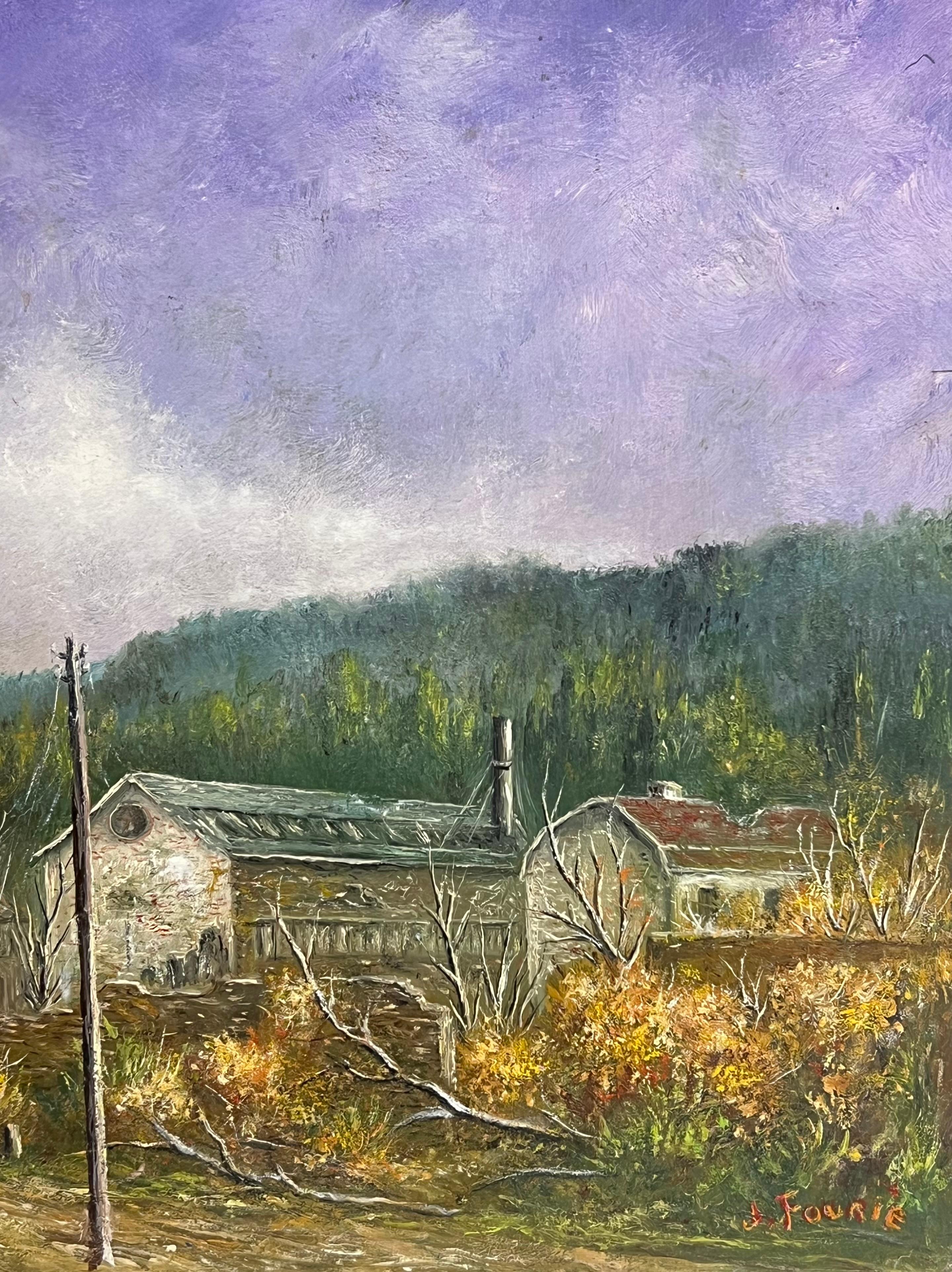 Bauernhof Gebäude unter einem lila Lavendel Himmel Öl-Landschaftsmalerei – Painting von Jean Fourie