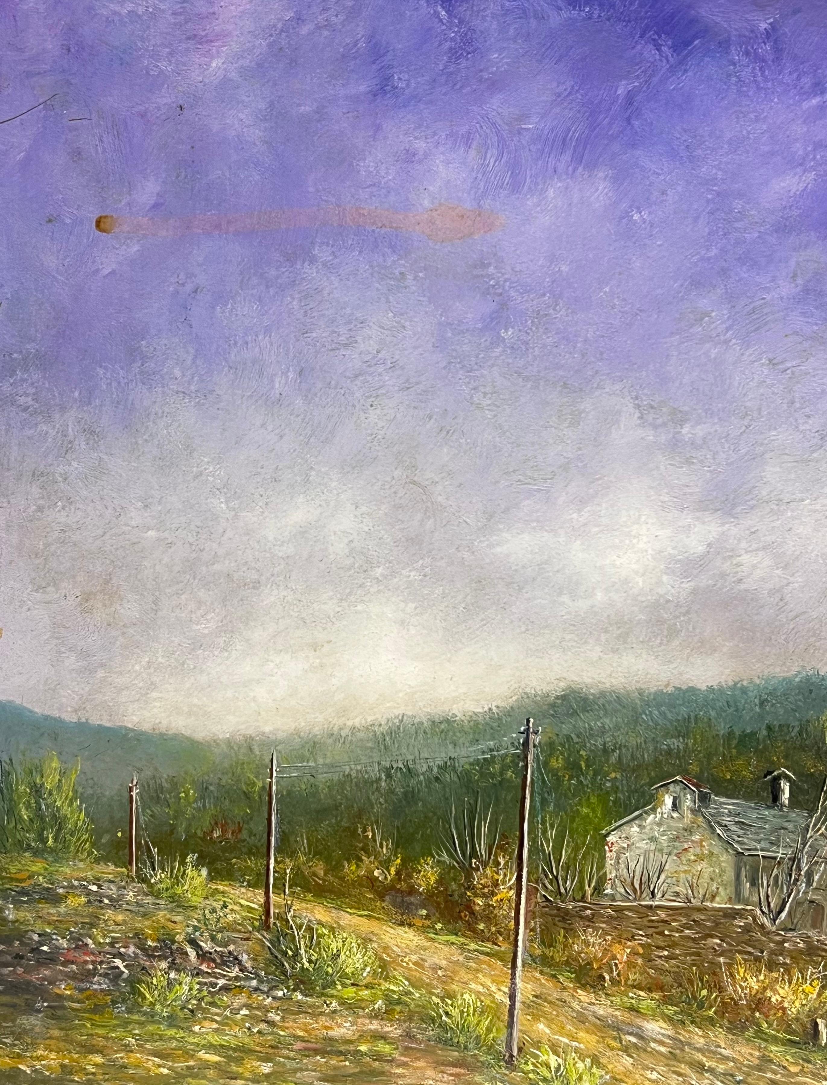 Bauernhof Gebäude unter einem lila Lavendel Himmel Öl-Landschaftsmalerei (Französische Schule), Painting, von Jean Fourie