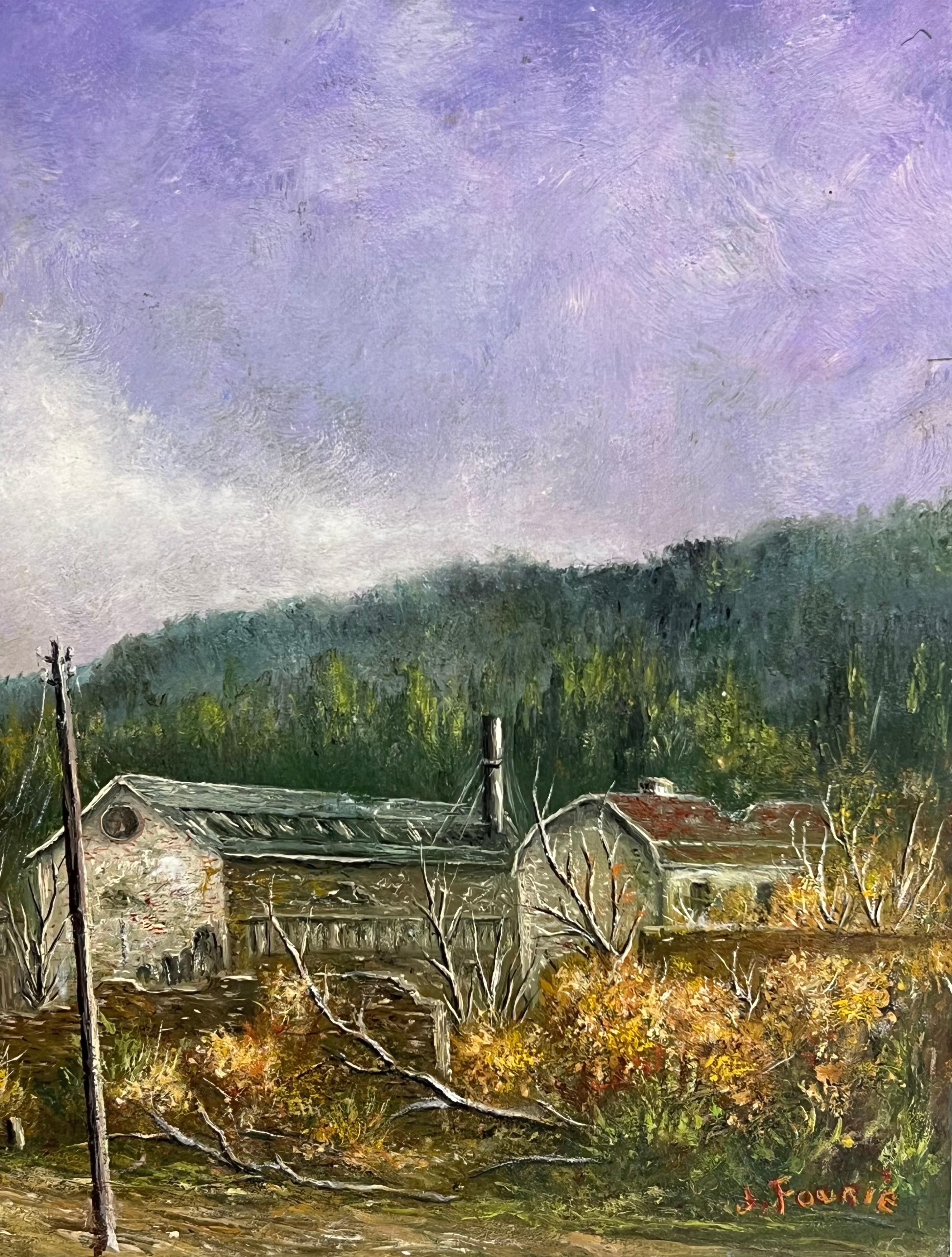 Bauernhof Gebäude unter einem lila Lavendel Himmel Öl-Landschaftsmalerei (Violett), Landscape Painting, von Jean Fourie