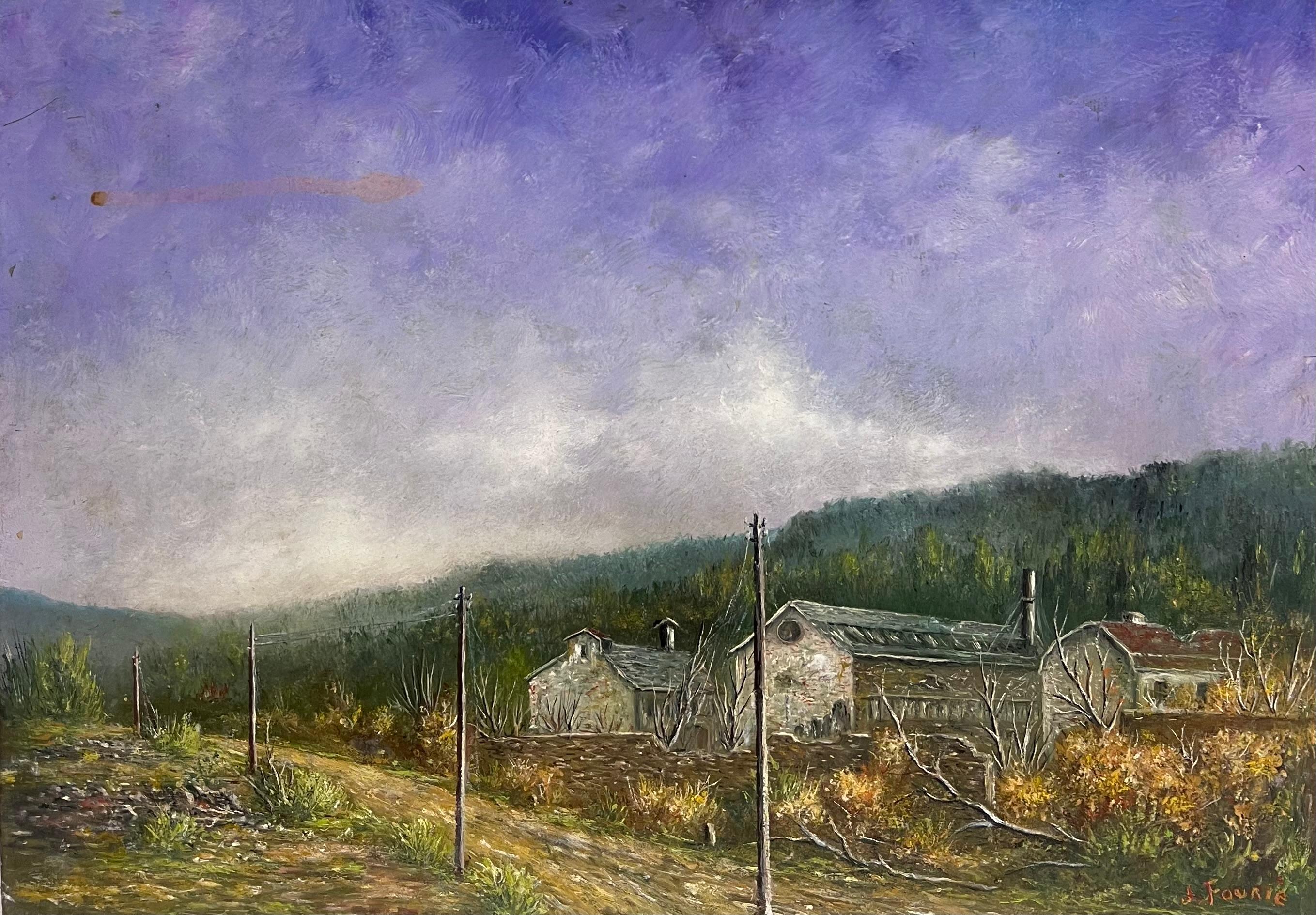 Lavendelhimmel
unterzeichnet von Jean Fourie (1927-2015)
Französischer Künstler, der in der Champagne malt
Ölgemälde auf Karton, ungerahmt
doppelseitig 
Brett: 13 x 18 Zoll
Zustand: die vier Ecken des Kartons sind leicht angeknabbert, das Gemälde
