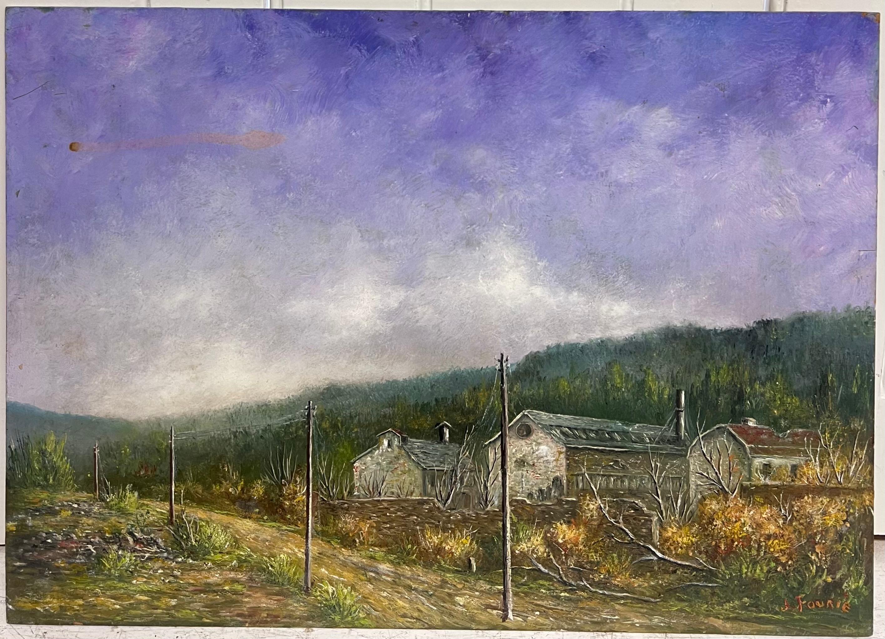Bauernhof Gebäude unter einem lila Lavendel Himmel Öl-Landschaftsmalerei im Angebot 1