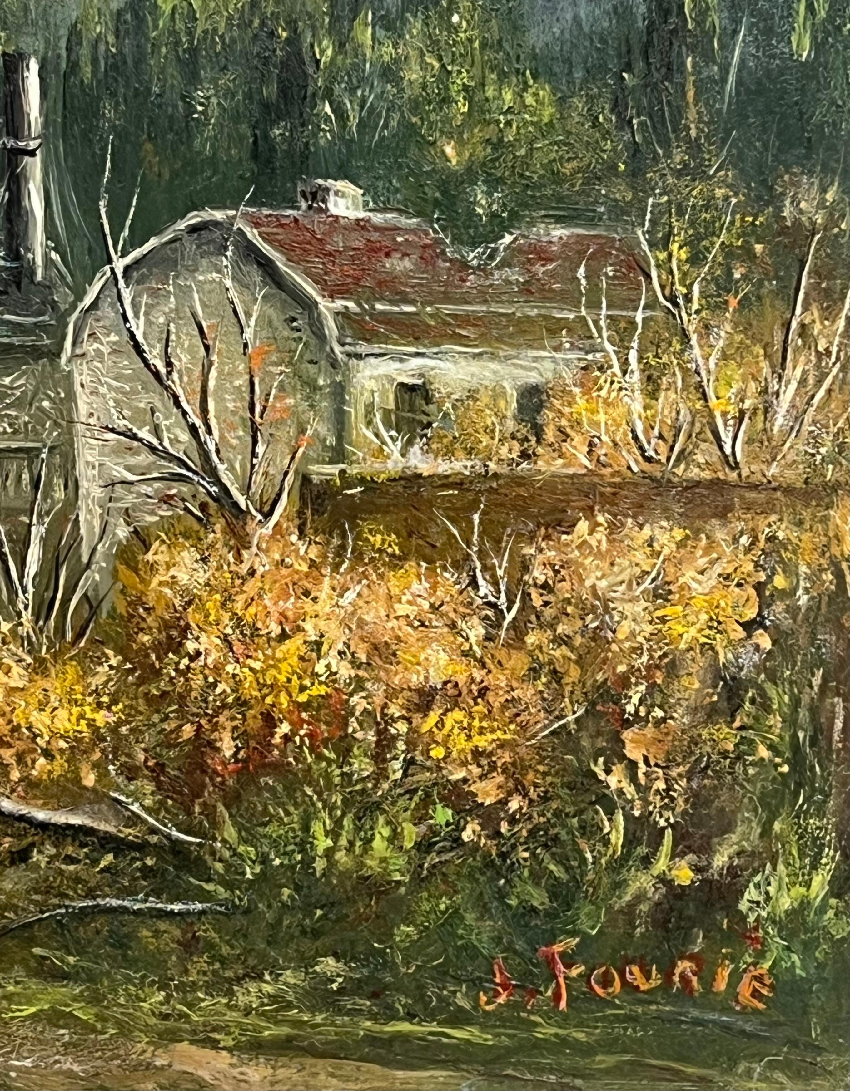 Bauernhof Gebäude unter einem lila Lavendel Himmel Öl-Landschaftsmalerei im Angebot 2