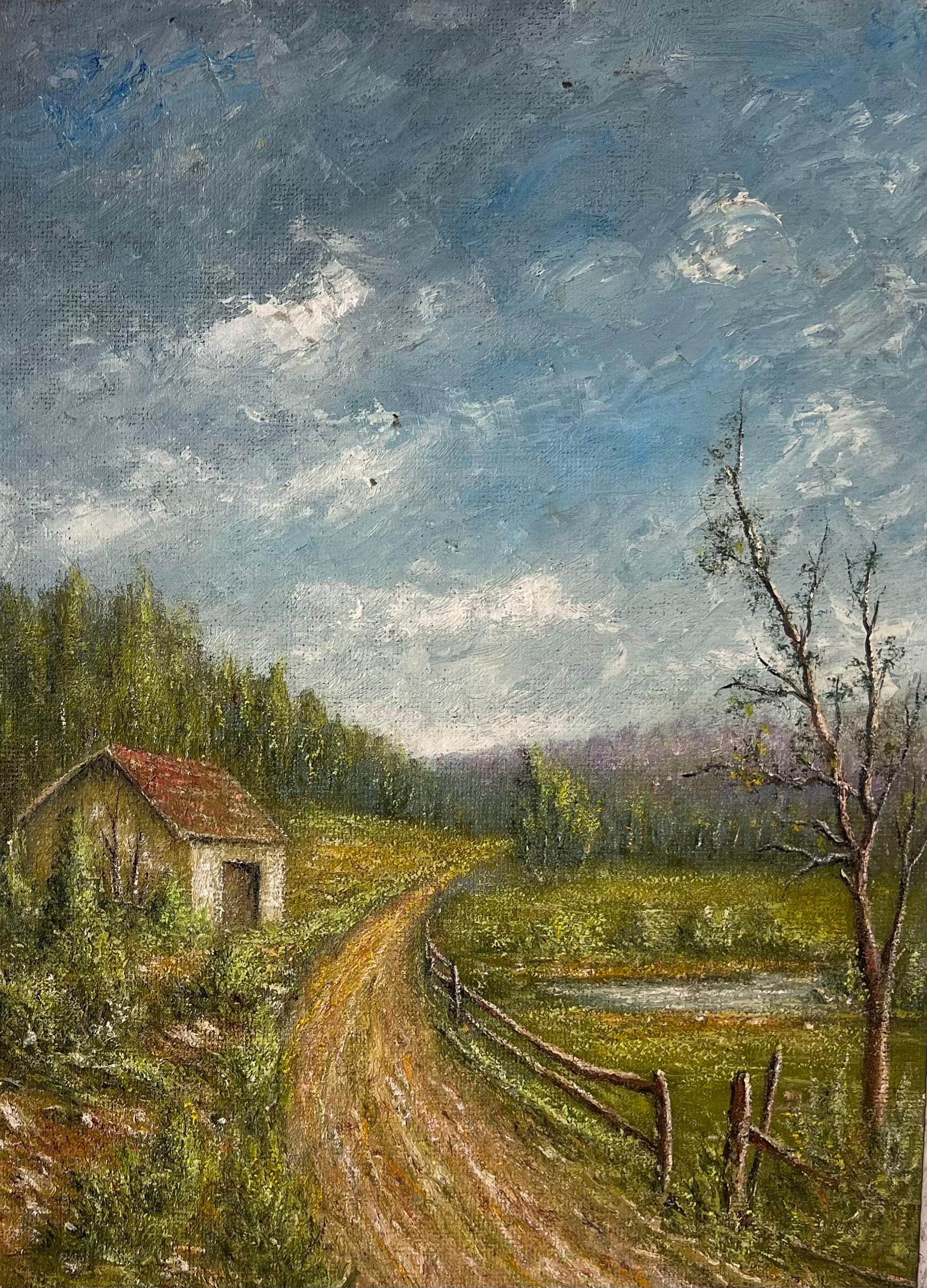 Bauernhof Gebäude unter einem lila Lavendel Himmel Öl-Landschaftsmalerei im Angebot 3