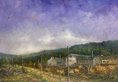 Bâtiments agricoles sous un ciel violet de lavande Peinture à l'huile de paysage
