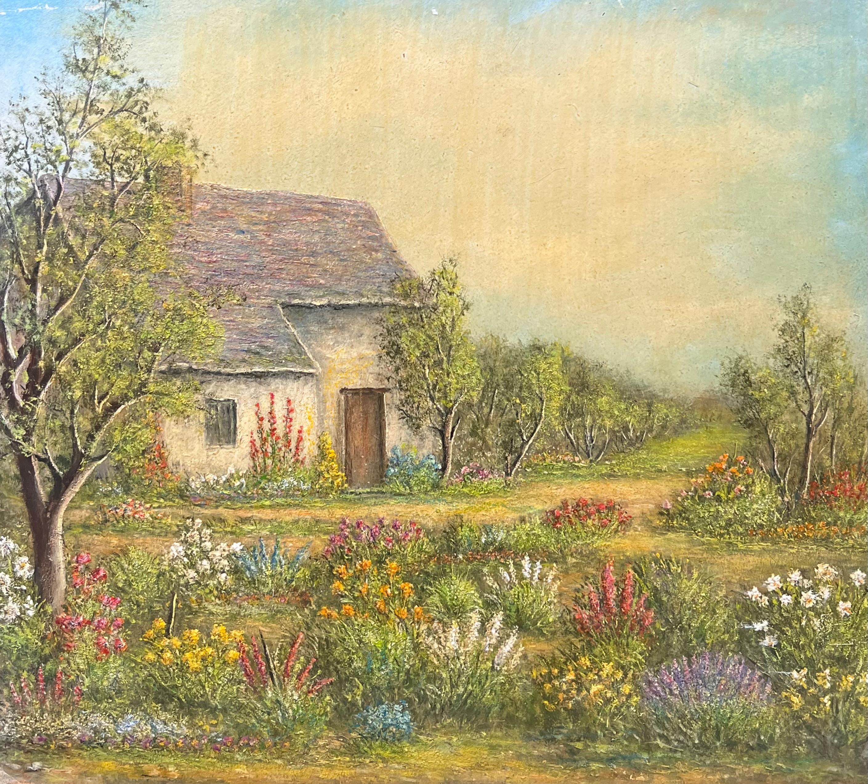Nestled Cottage Landscape 
by Jean Fourie (1927-2015)
French artist, painting in the Champagne region of France
oil painting on card , unframed
double sided 
painting: 17 x 22 inches
condition: minor surface markings from previous storage but