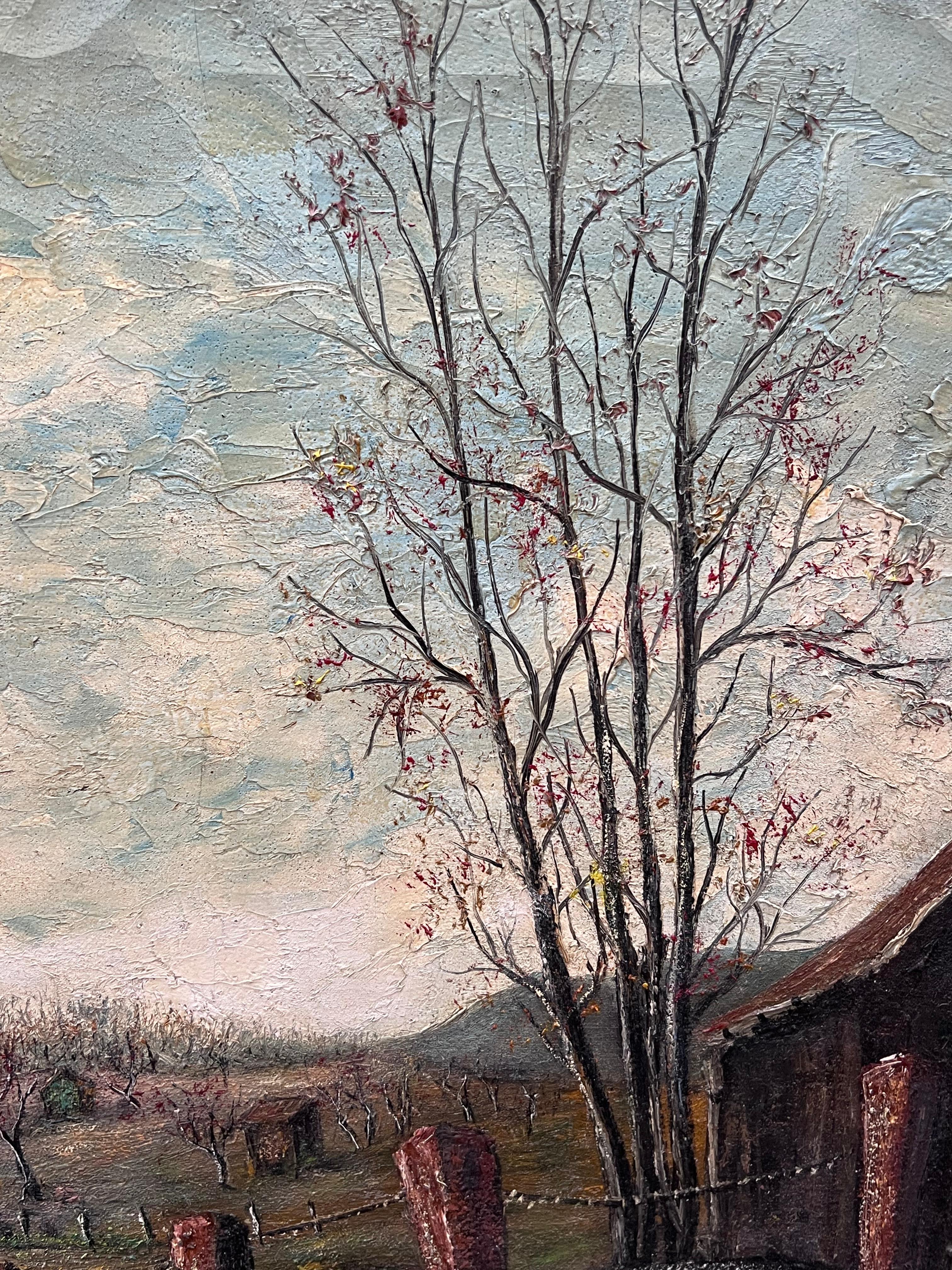 Landwirte Schuppen in eingezäunten Farm Feld Öl Landschaft Malerei im Angebot 5
