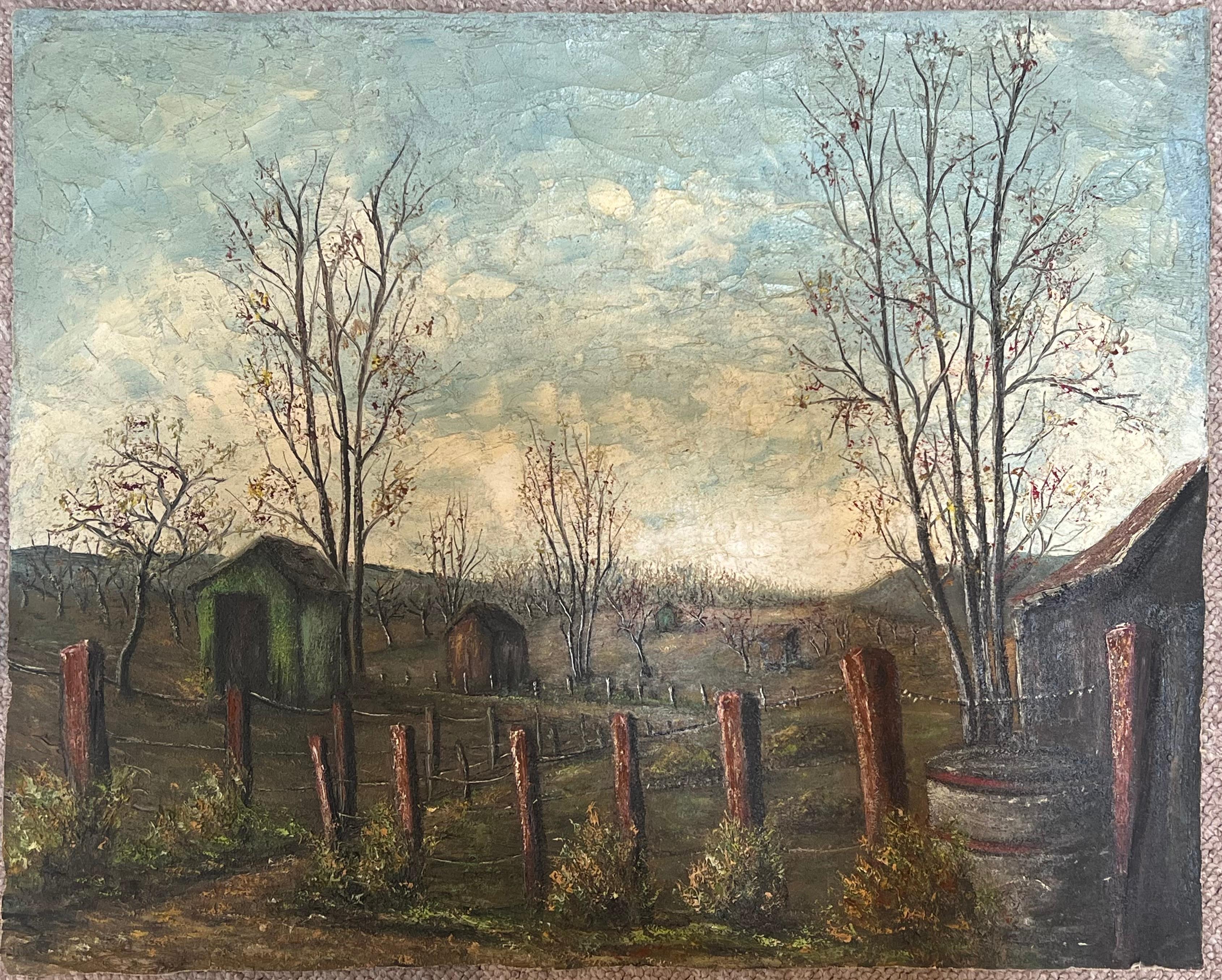 Landwirte Schuppen in eingezäunten Farm Feld Öl Landschaft Malerei – Painting von Jean Fourie