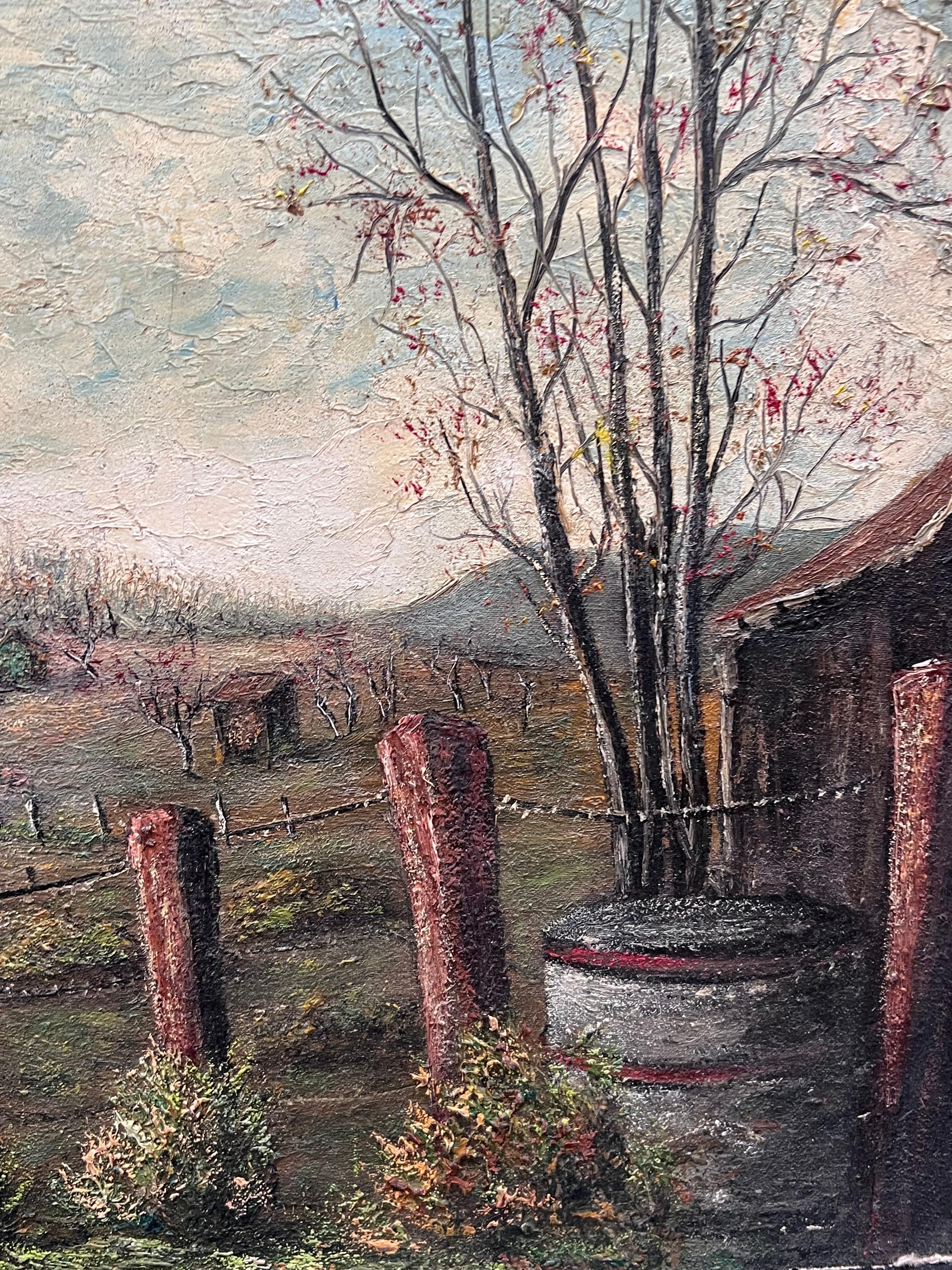Landwirte Schuppen in eingezäunten Farm Feld Öl Landschaft Malerei (Französische Schule), Painting, von Jean Fourie