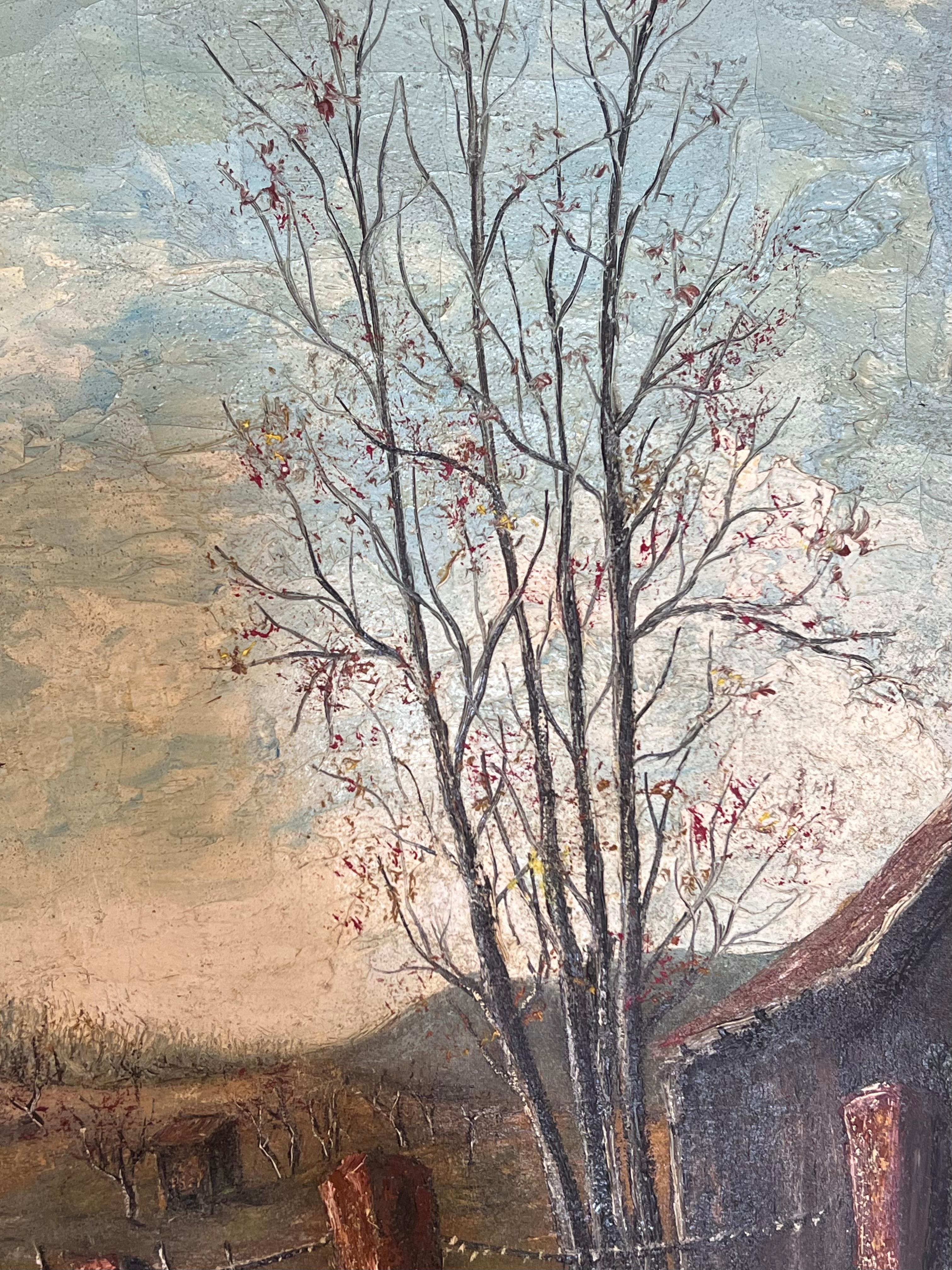 Landwirte Schuppen in eingezäunten Farm Feld Öl Landschaft Malerei (Grau), Landscape Painting, von Jean Fourie