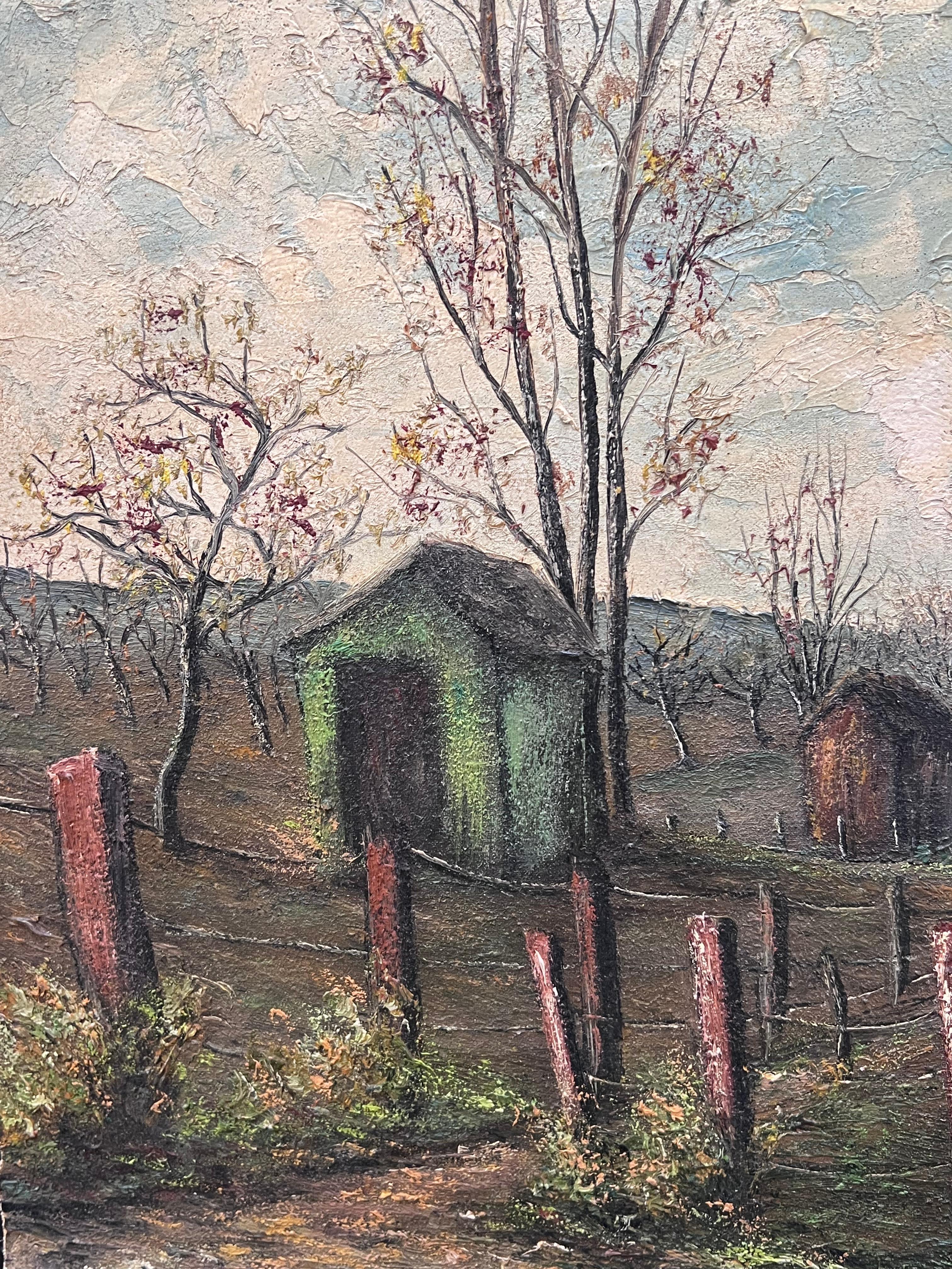 Spine Church's 
unterzeichnet von Jean Fourie (1927-2015)
Französischer Künstler, der in der Champagne malt
Ölgemälde auf ungespannter Leinwand, ungerahmt
Gemälde: 15,5 x 19,5 Zoll
Zustand: kleinere Oberflächenabdrücke durch frühere Lagerung,