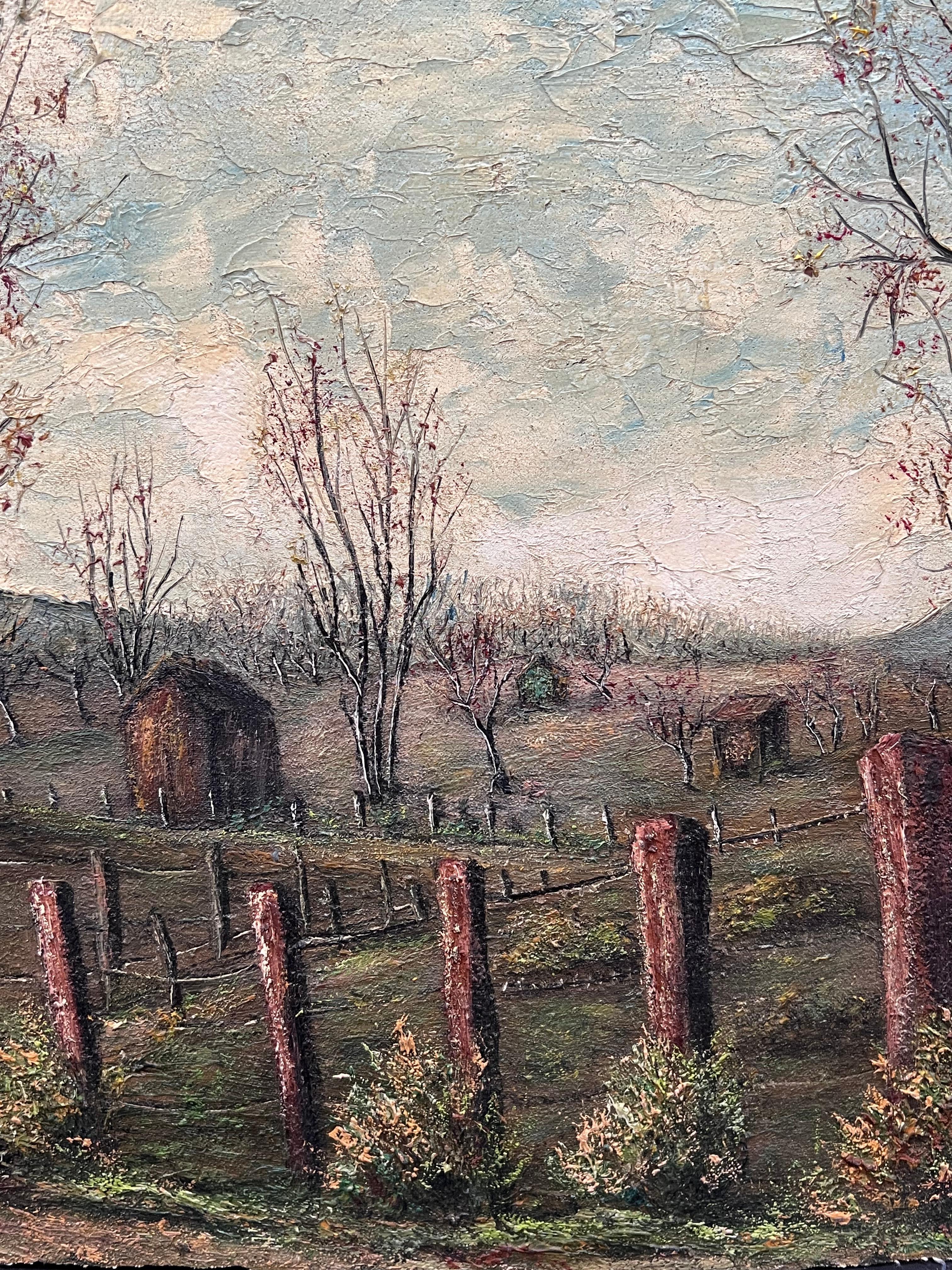 Landwirte Schuppen in eingezäunten Farm Feld Öl Landschaft Malerei im Angebot 1