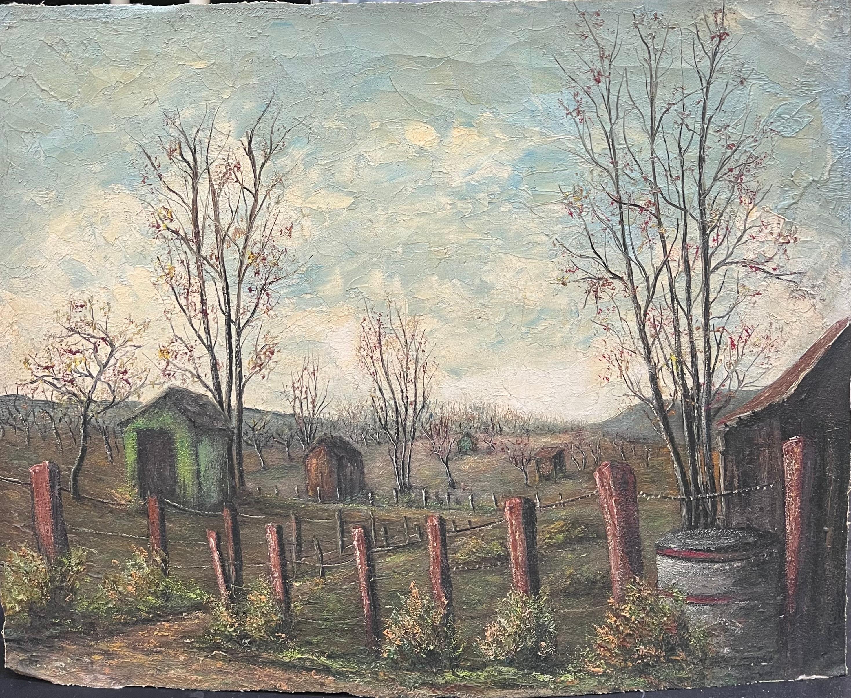 Landwirte Schuppen in eingezäunten Farm Feld Öl Landschaft Malerei im Angebot 3