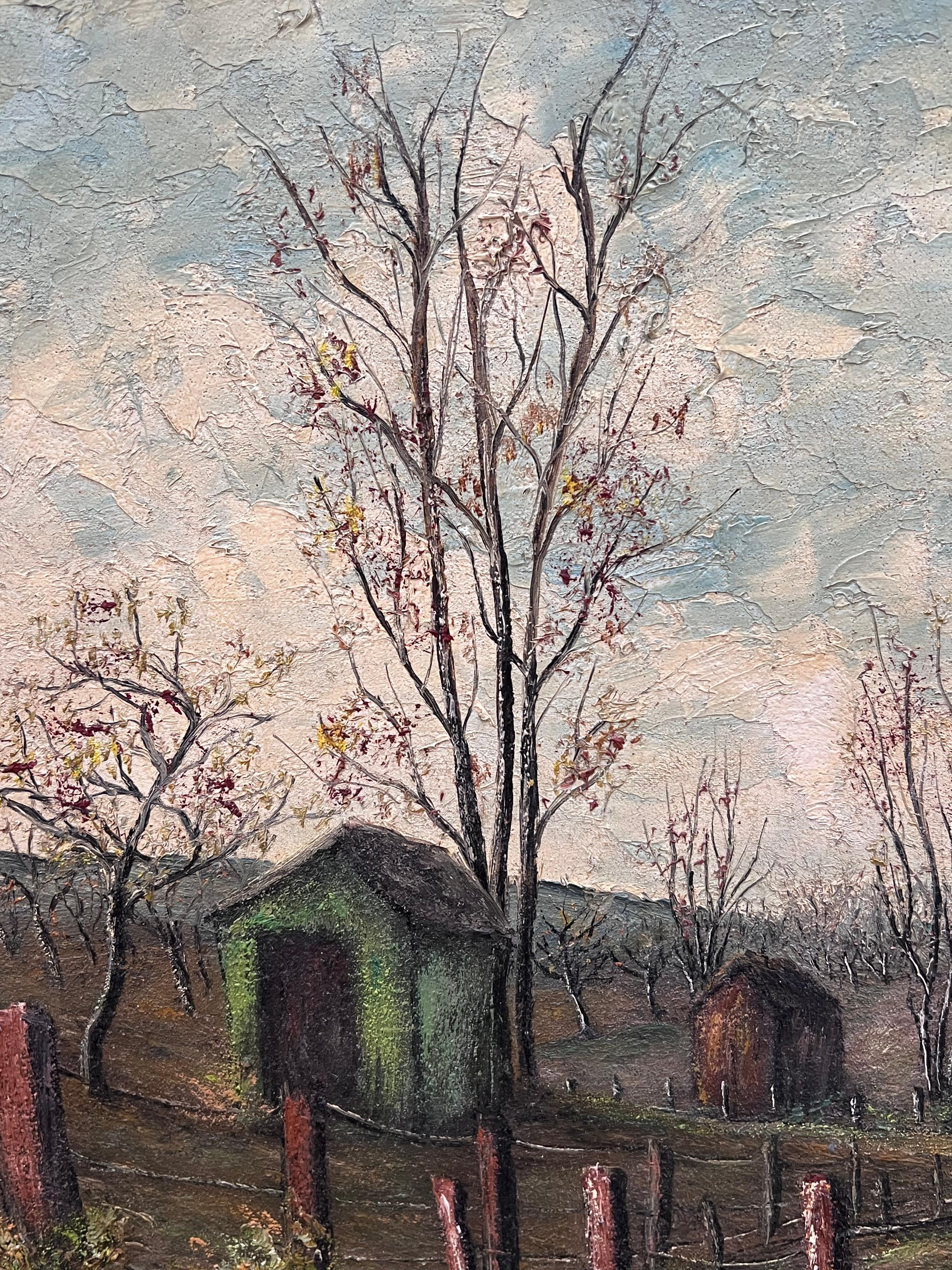 Landwirte Schuppen in eingezäunten Farm Feld Öl Landschaft Malerei im Angebot 4