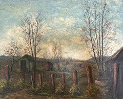 Landwirte Schuppen in eingezäunten Farm Feld Öl Landschaft Malerei