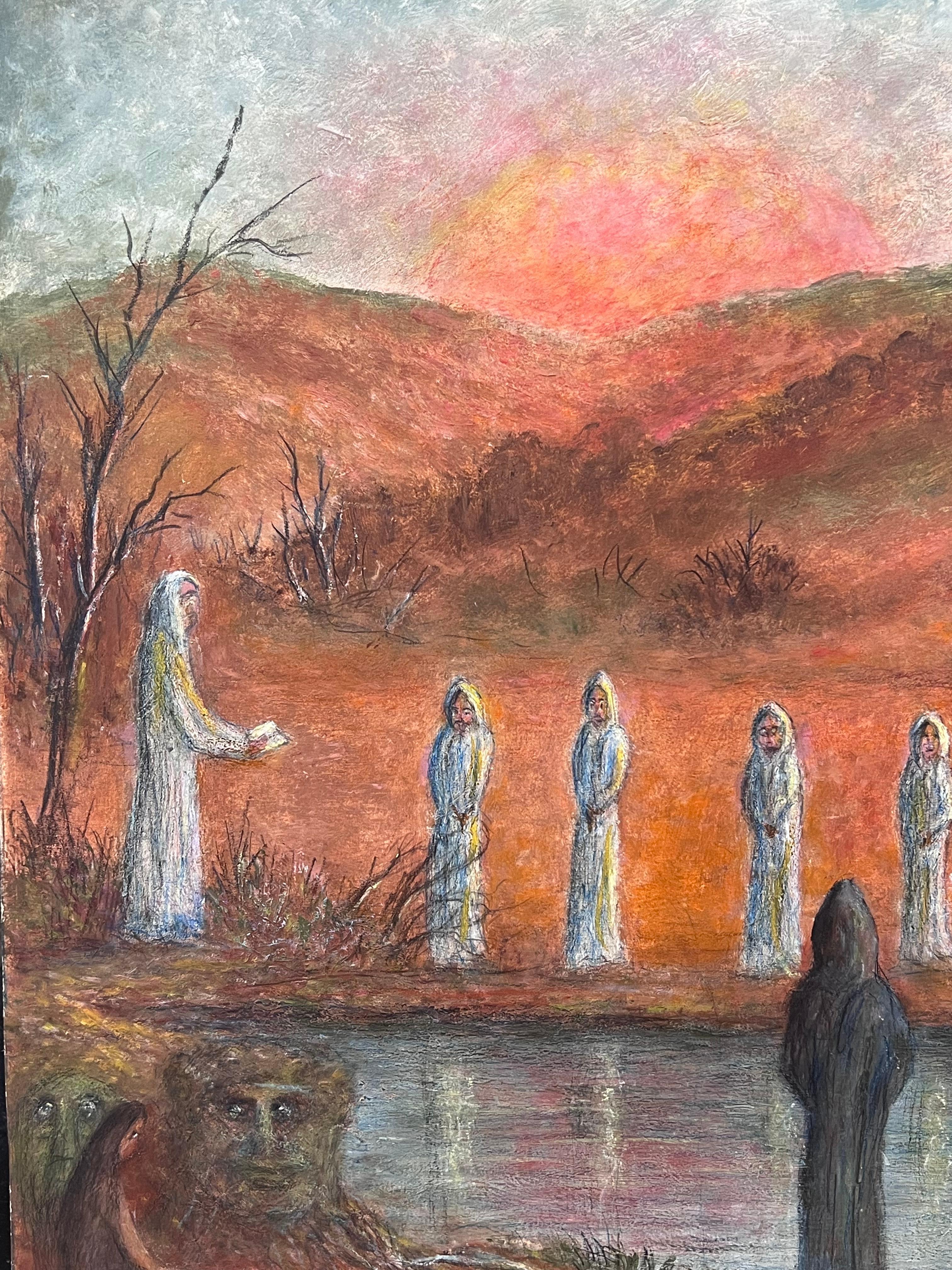 Figures In All White Ropes Gathered By The River Painting - Brown Landscape Painting by Jean Fourie