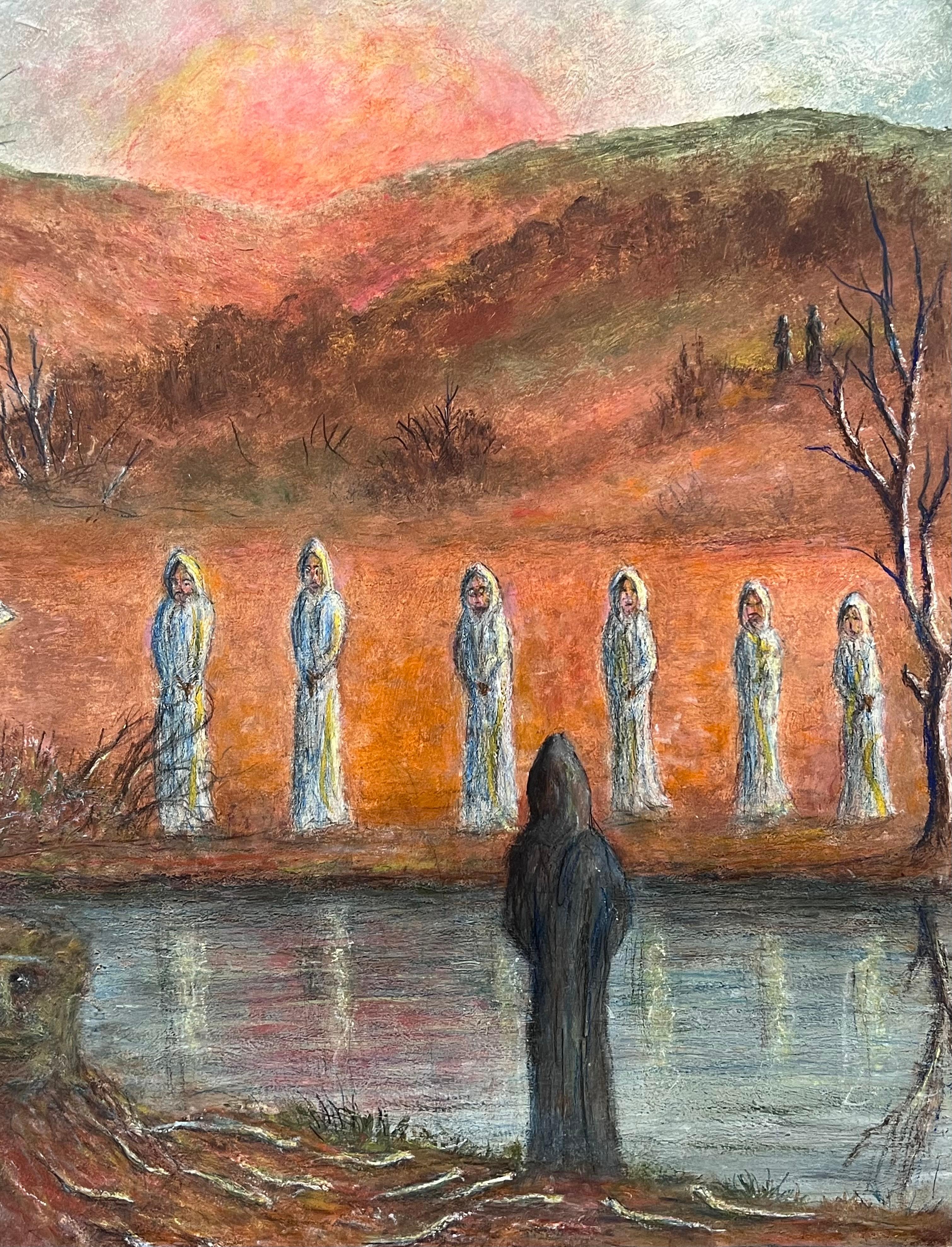 The Gathering  
by Jean Fourie (1927-2015)
French artist, painting in the Champagne region of France
watercolour and pencil painting on card , unframed
painting: 24 x 18.5 inches
condition: minor surface markings from previous storage but otherwise