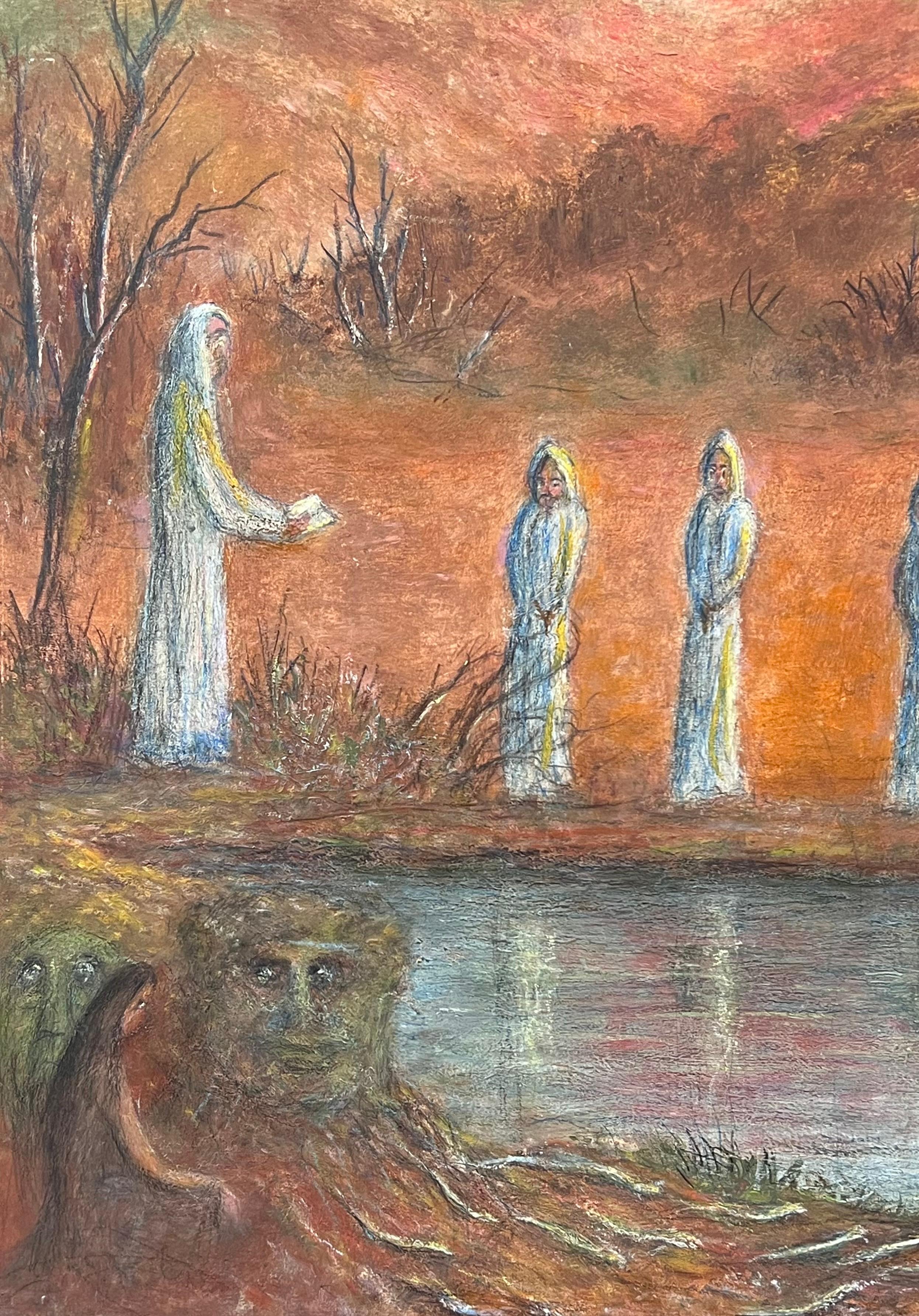 Figures In All White Ropes Gathered By The River Painting For Sale 2