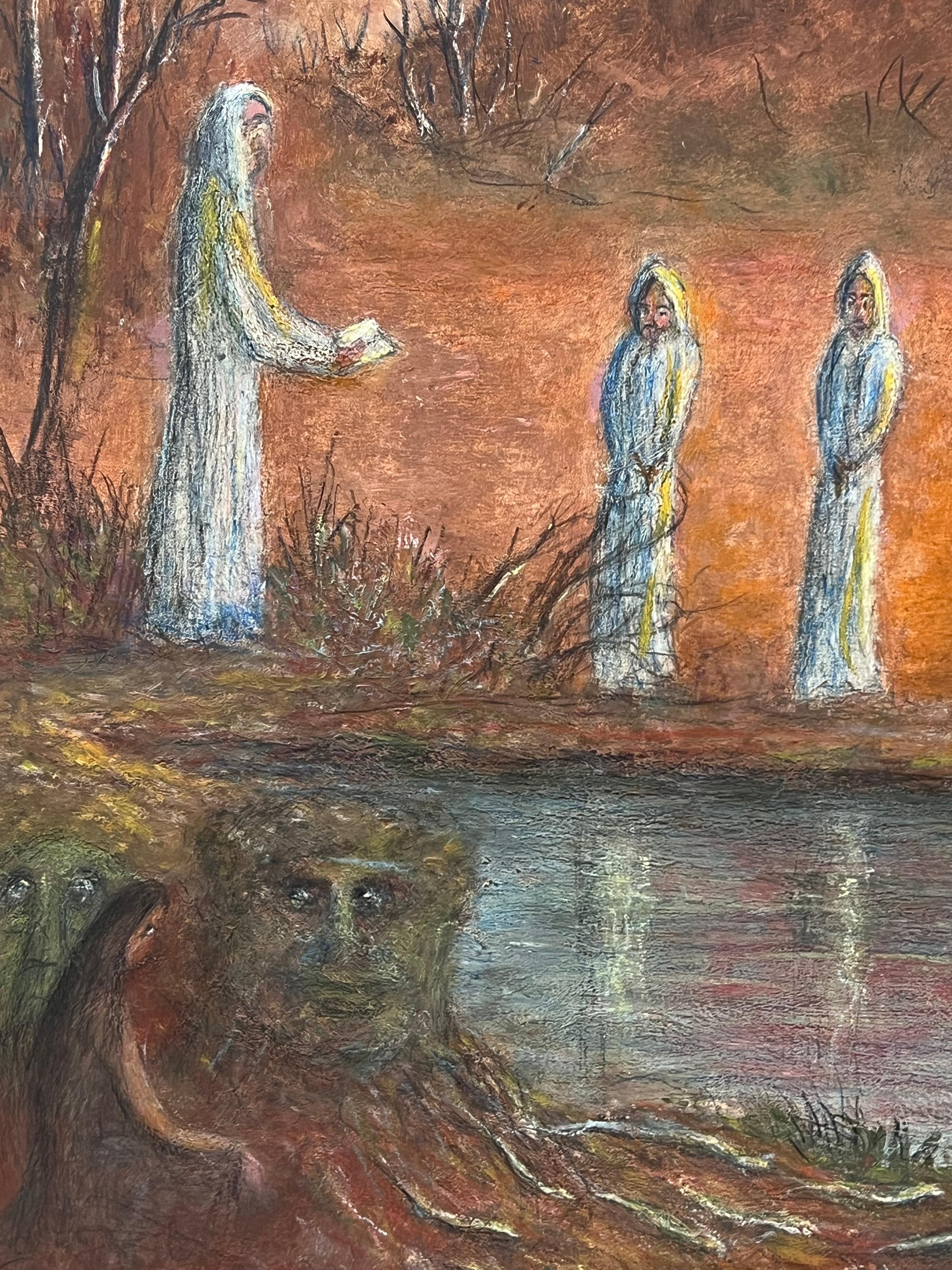 Figures In All White Ropes Gathered By The River Painting For Sale 3