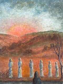 Figures In All White Ropes Gathered By The River Painting