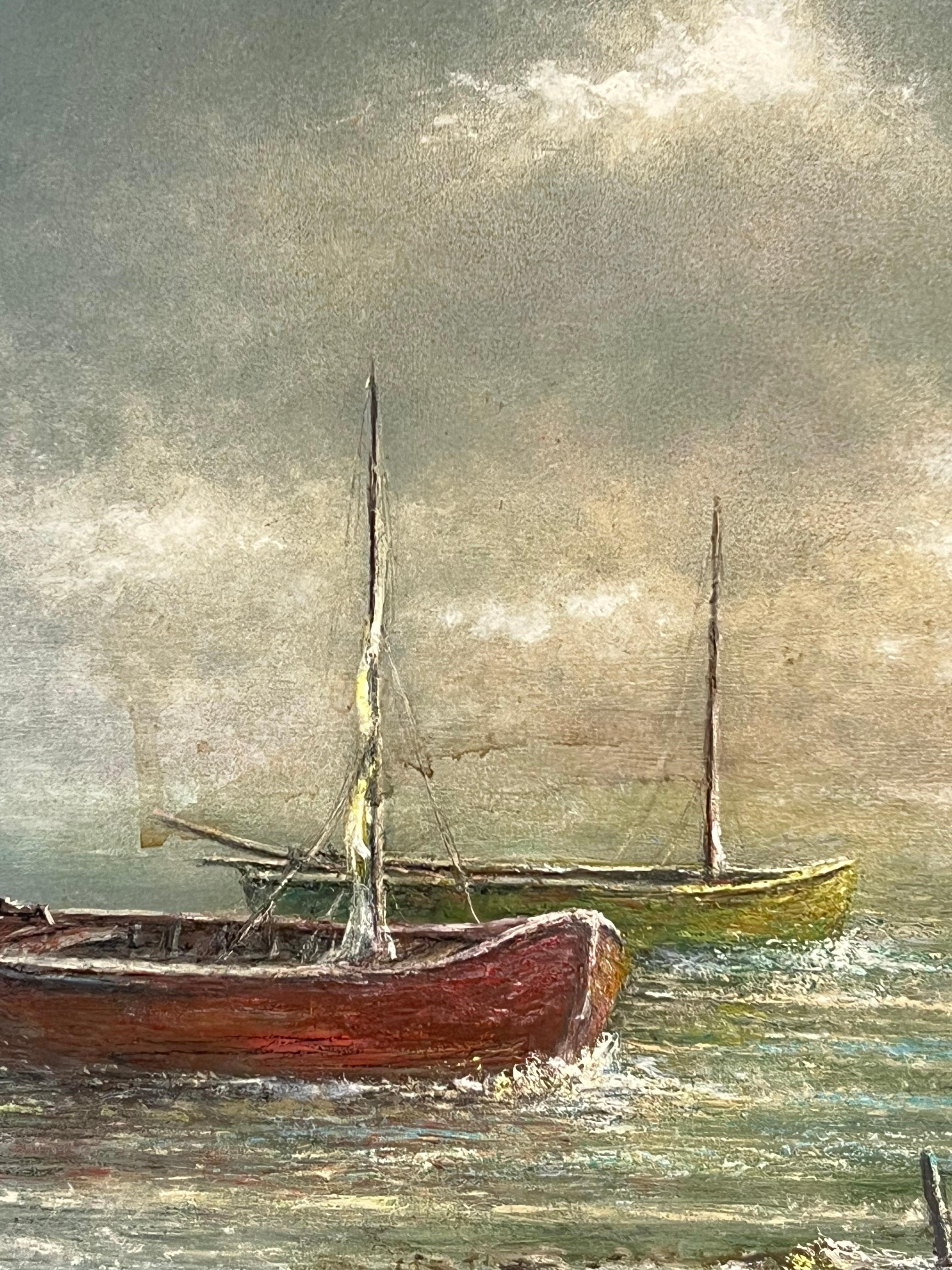 Peinture à l'huile française du 20e C. Paysage atmosphérique lointain de la région de Champagne - École française Painting par Jean Fourie