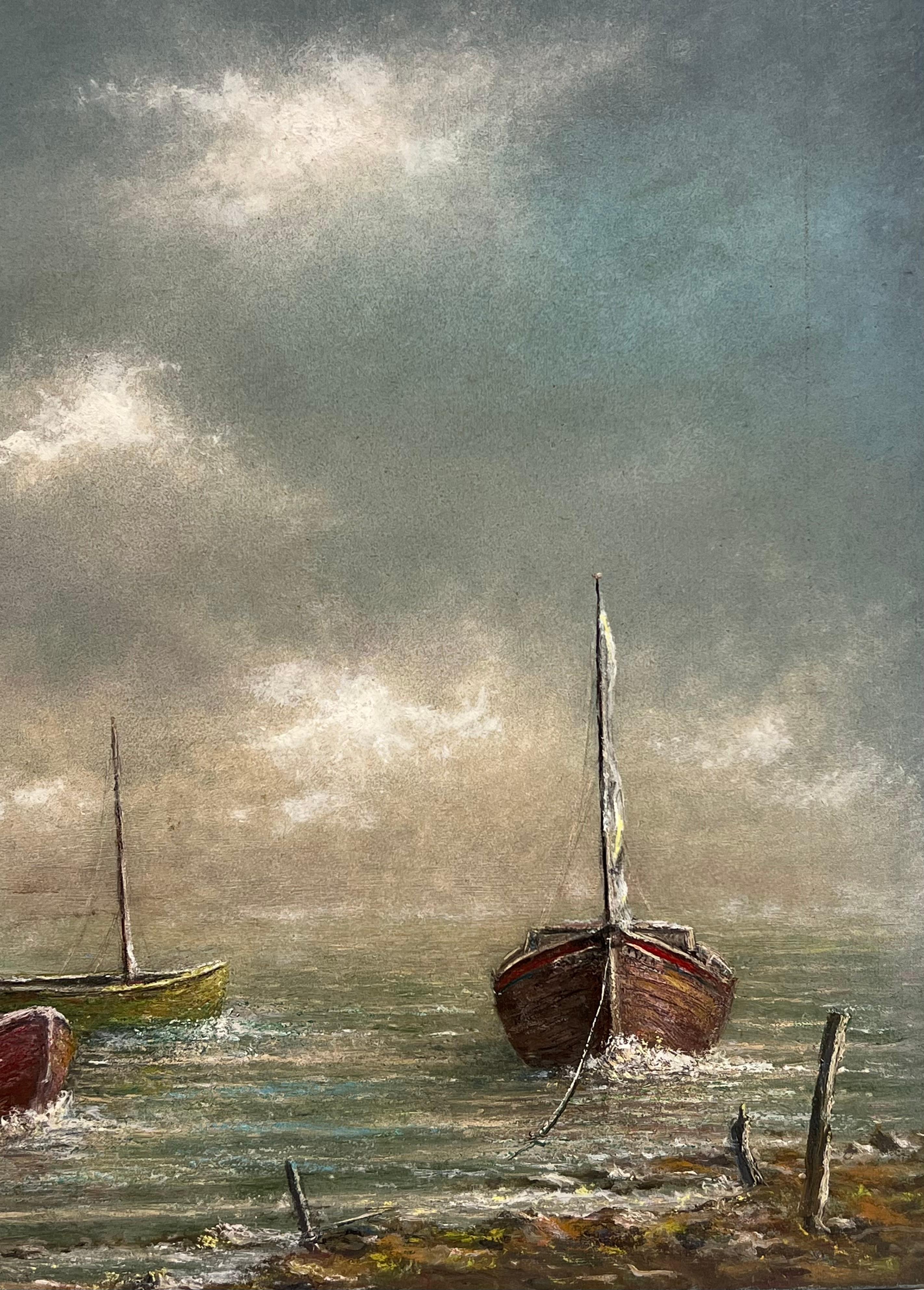 Peinture à l'huile française du 20e C. Paysage atmosphérique lointain de la région de Champagne - Gris Landscape Painting par Jean Fourie
