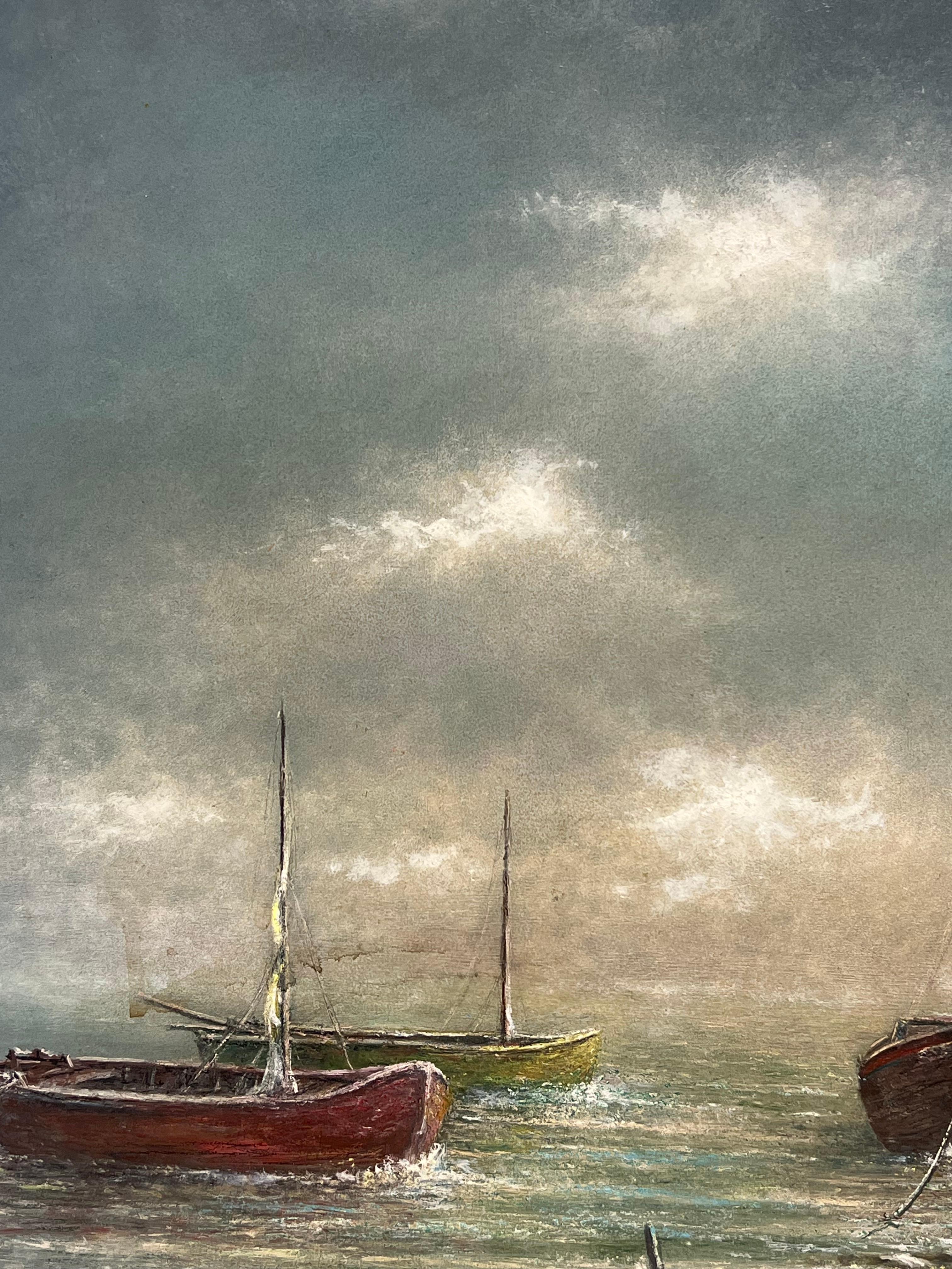 Bateaux dans le paysage
autre image au verso
par Jean Fourie (1927-2015), signé
Artistics français, peignant dans la région de Champagne en France
peinture à l'huile sur carton, non encadrée
planche : 18.25 x 13 pouces
État : quatre coins du tableau