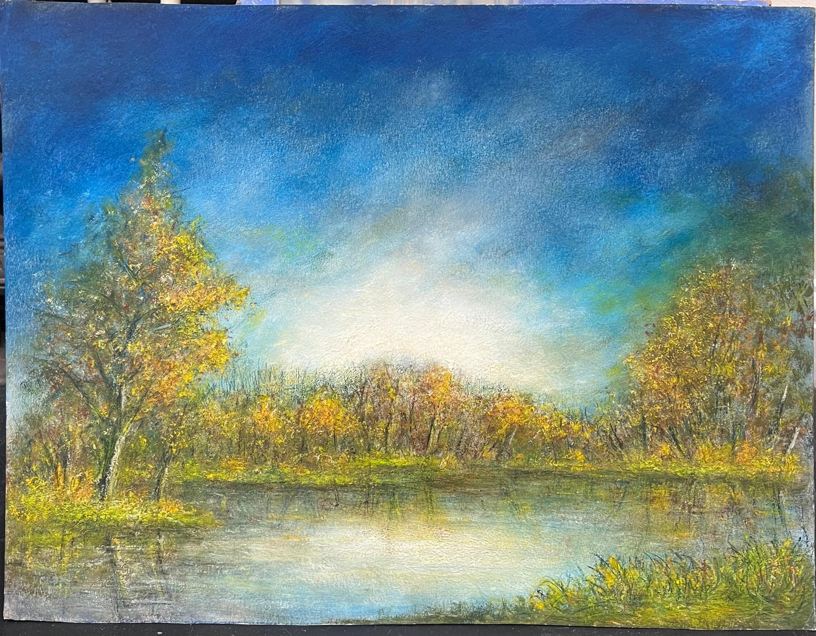 Golden Tree Lake Reflections of The Bright Blue Sky Oil Landscape Painting For Sale 1
