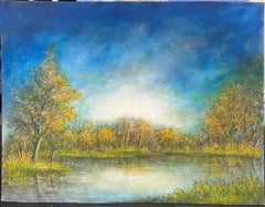Albero d'oro Lago Riflessi del cielo blu brillante Pittura di paesaggio ad olio