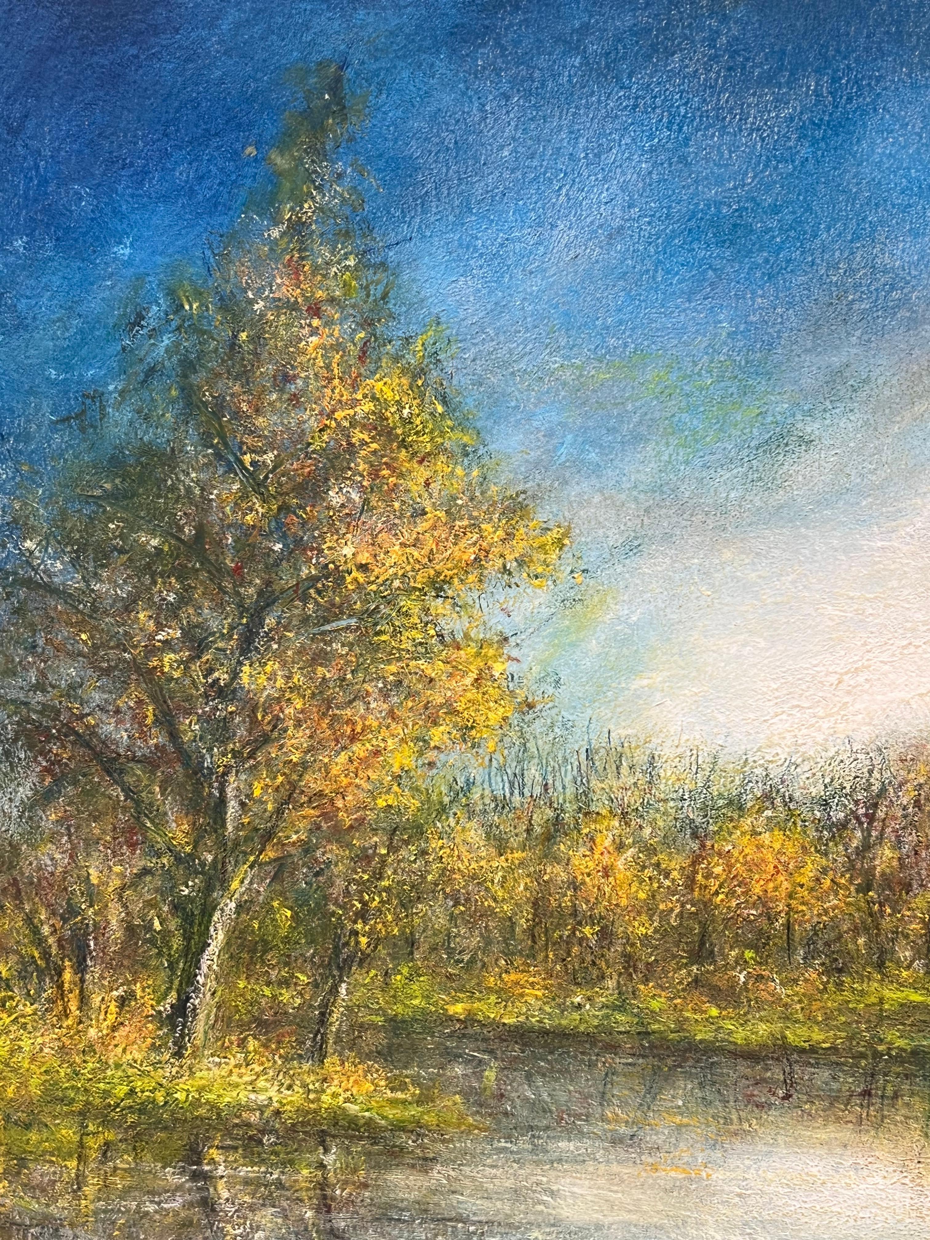 Golden Tree Lake Reflections of The Bright Blue Sky Oil Landscape Painting For Sale 2