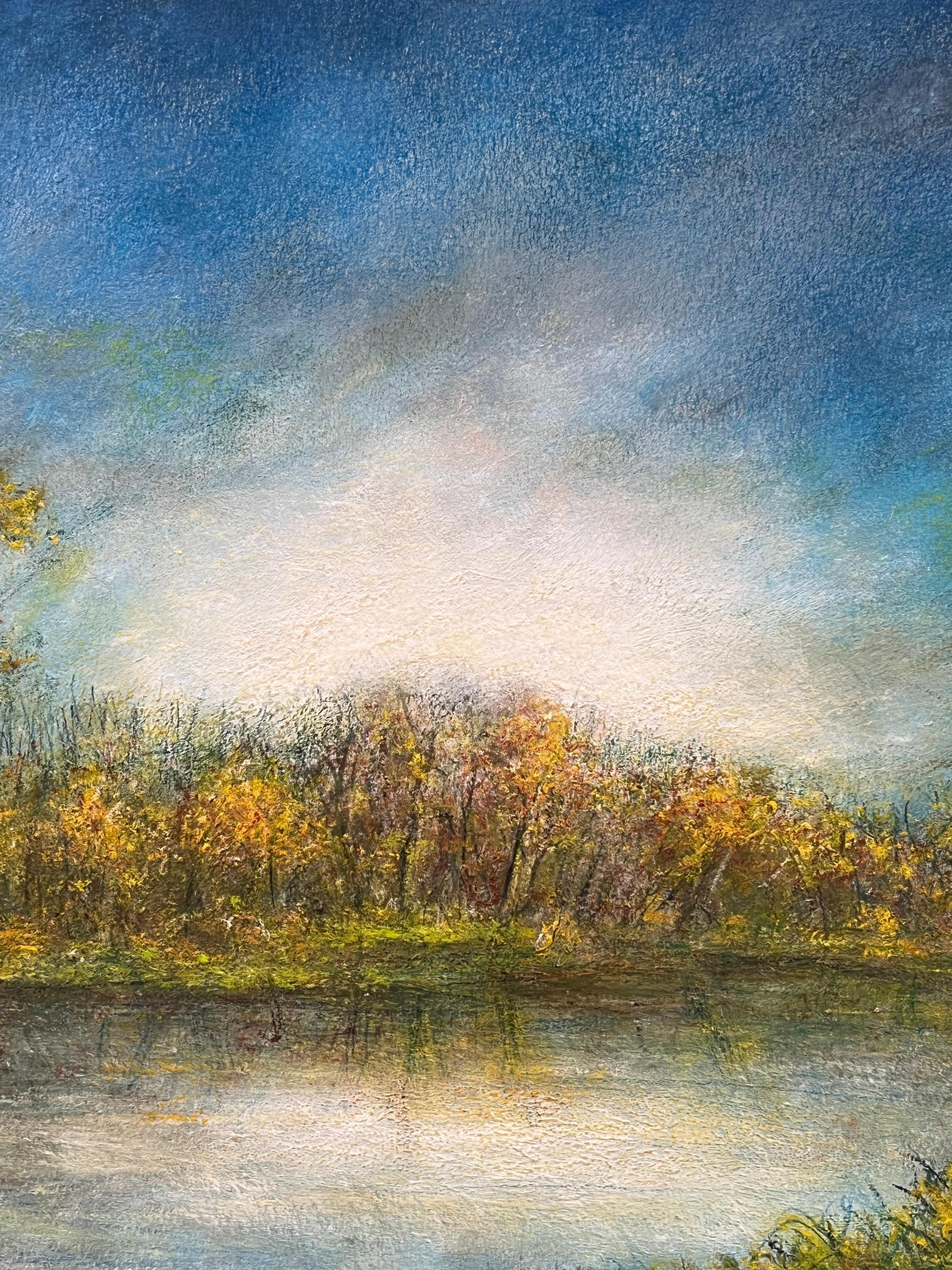 Golden Tree Lake Reflections of The Bright Blue Sky Oil Landscape Painting For Sale 3