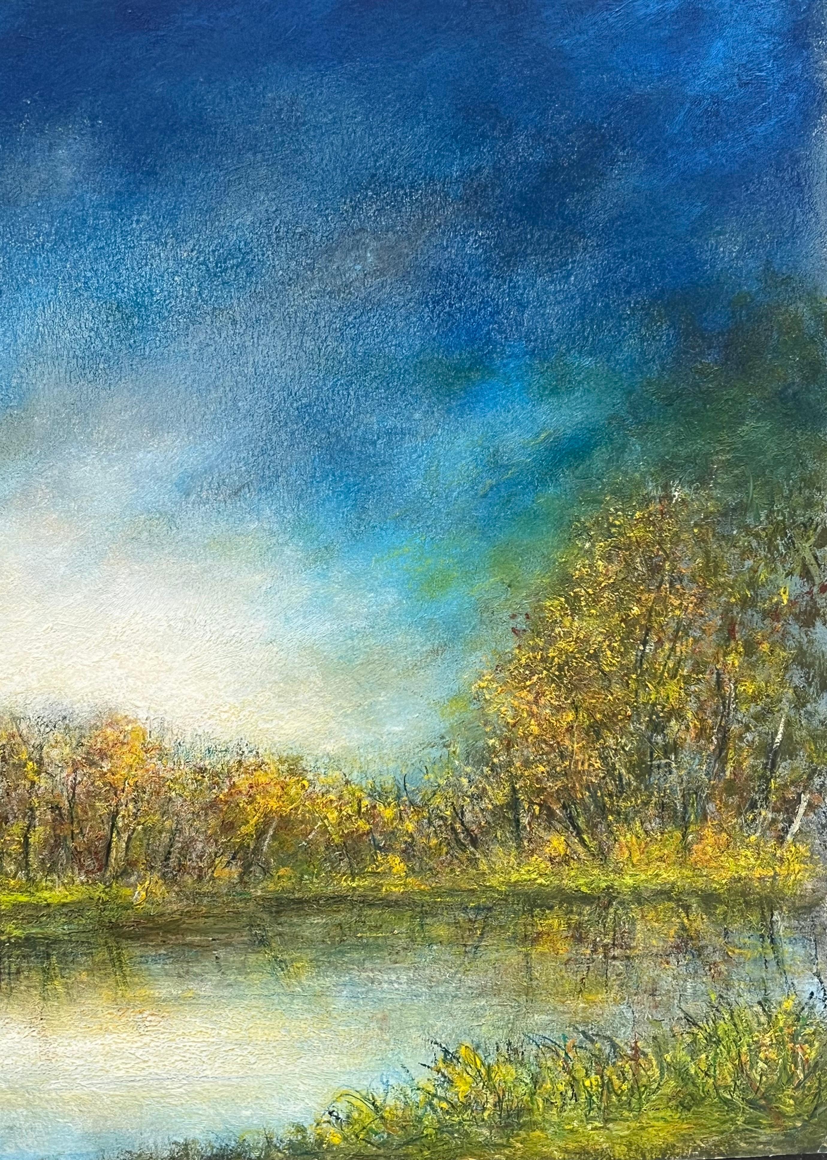 Golden Tree Lake Reflections of The Bright Blue Sky Oil Landscape Painting For Sale 4