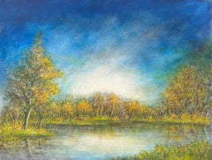 Golden Tree Lake Reflections of The Bright Blue Sky Oil Landscape Painting