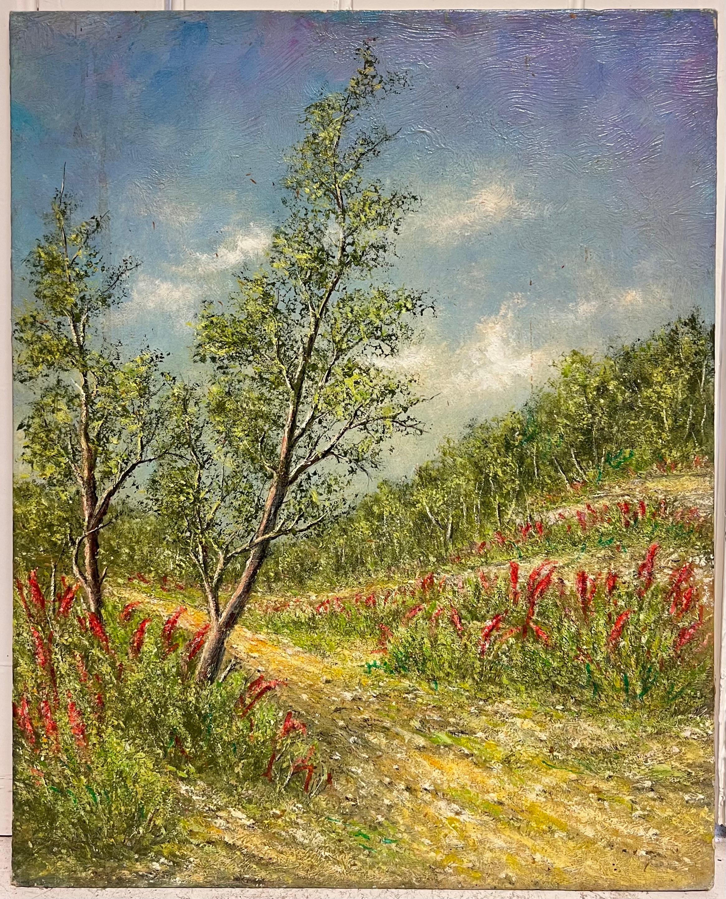 Peinture à l'huile : traces de champs jaune d'or avec fleurs de peigne indien en train de germer - Painting de Jean Fourie