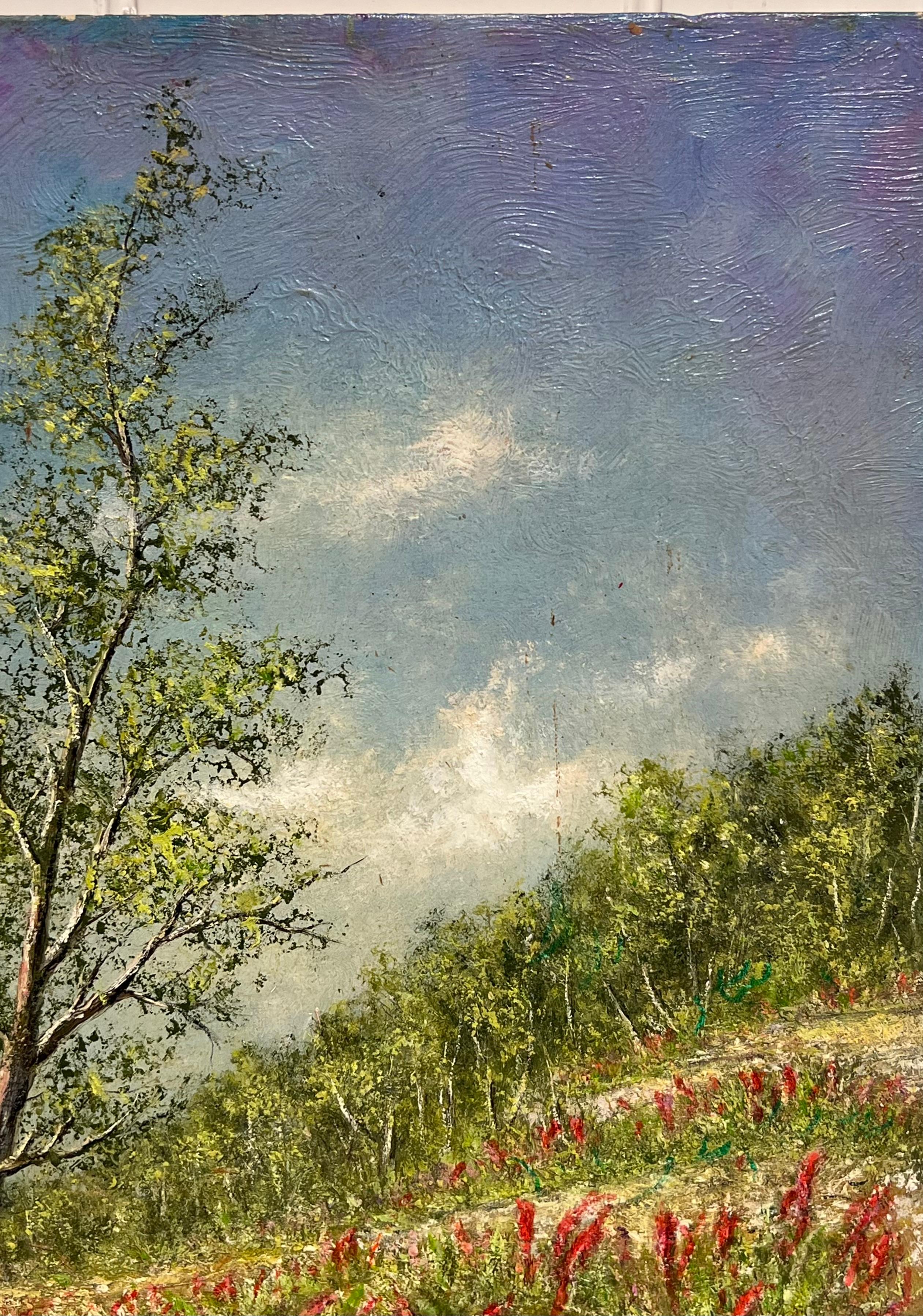 Peinture à l'huile : traces de champs jaune d'or avec fleurs de peigne indien en train de germer - École française Painting par Jean Fourie