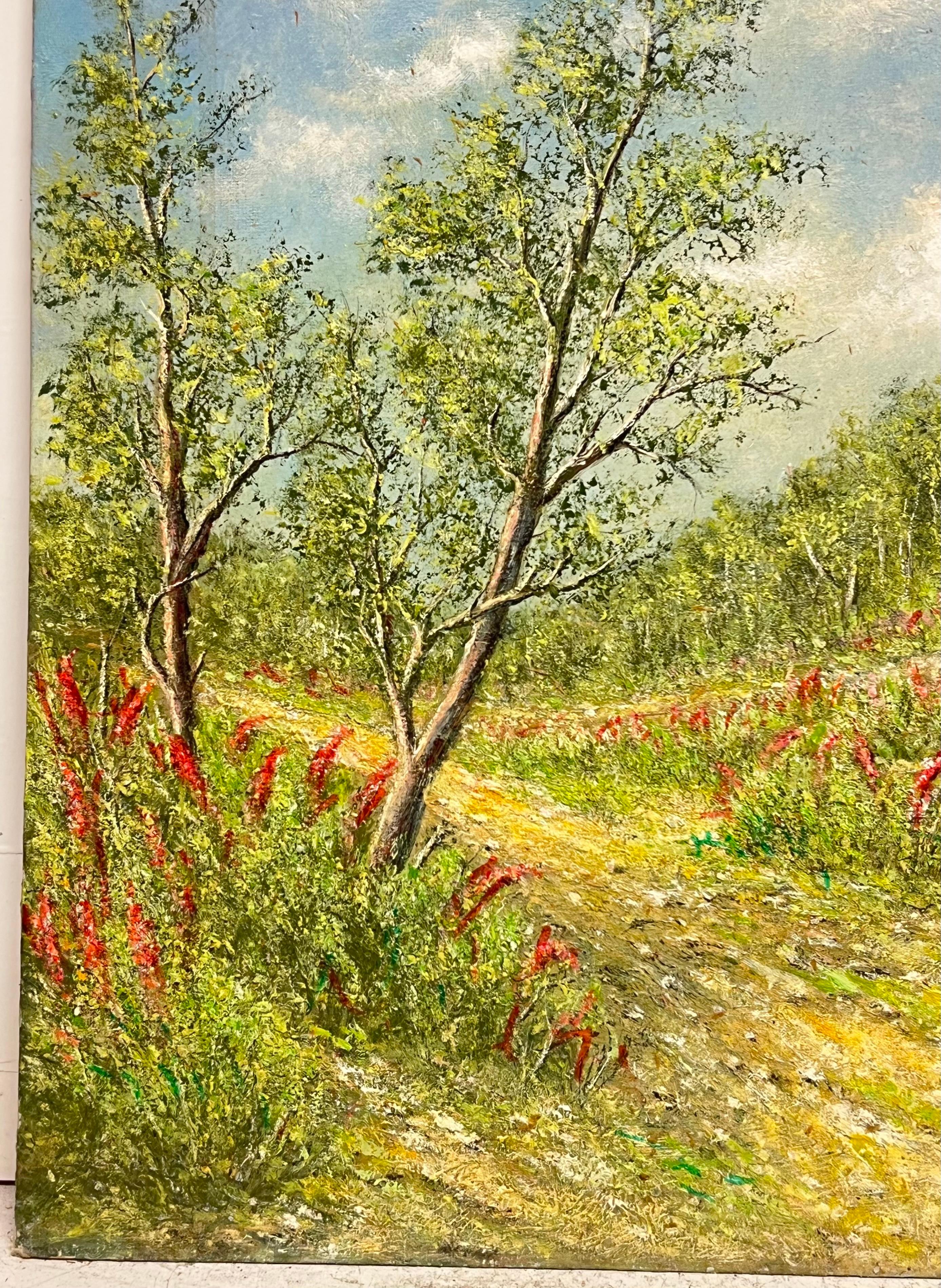 Peinture à l'huile : traces de champs jaune d'or avec fleurs de peigne indien en train de germer - Jaune Landscape Painting par Jean Fourie